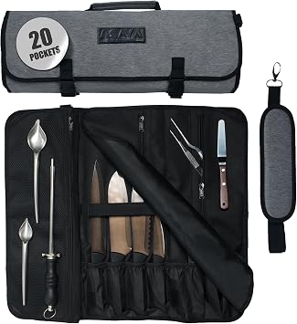 Asaya Waxed Nylon Chef Knife Roll Bag with 20 Slots and Zippered Pockets - Professional Chef Knife Bag & Storage Case, Tool Carrier with Shoulder Strap - Knives Not Included Grey