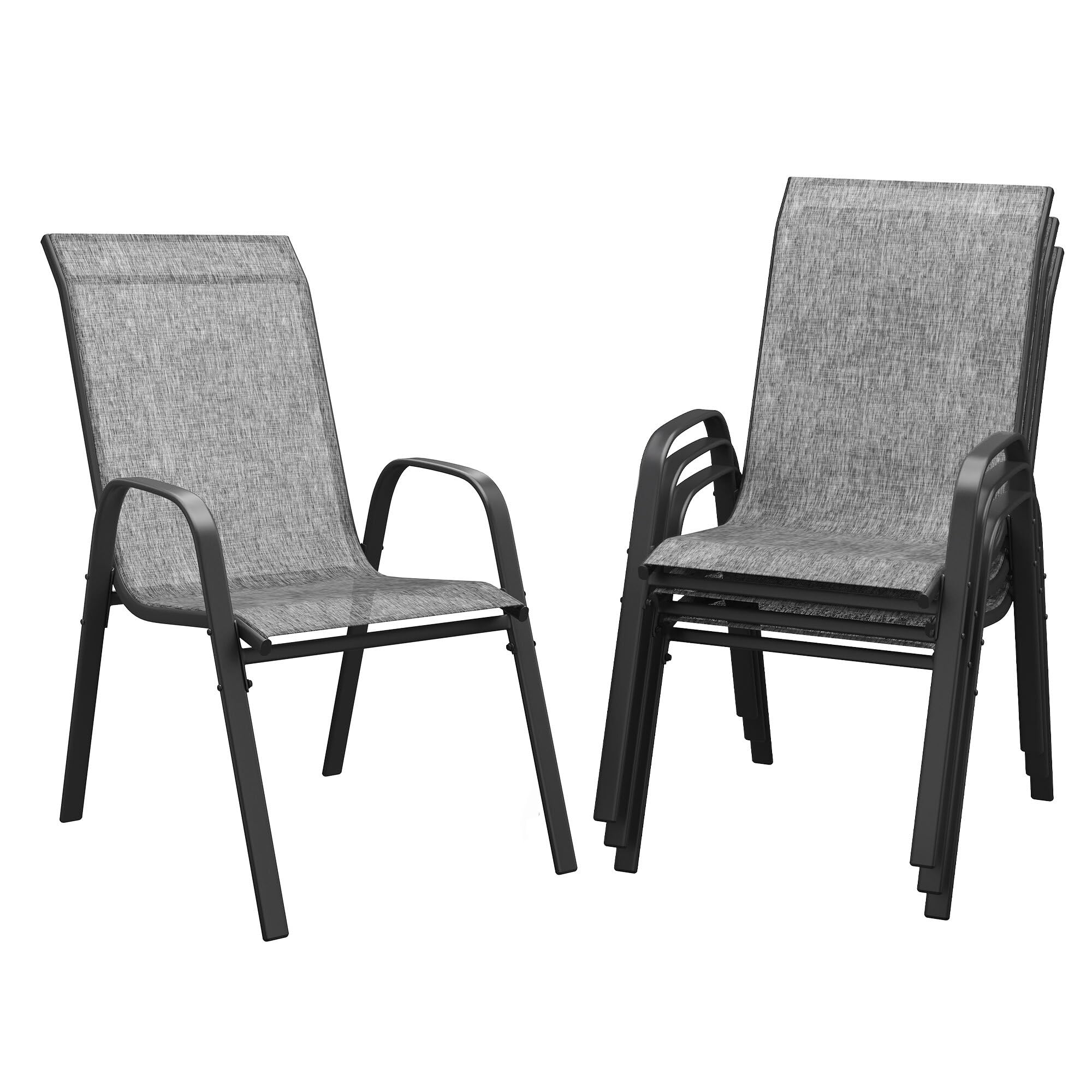 DIFY Patio Chairs Set of 4, Stackable Outdoor Dining Chairs Set with Breathable Textilene High Back and All-Weather Metal Frame for Garden, Backyard, Deck, Grey