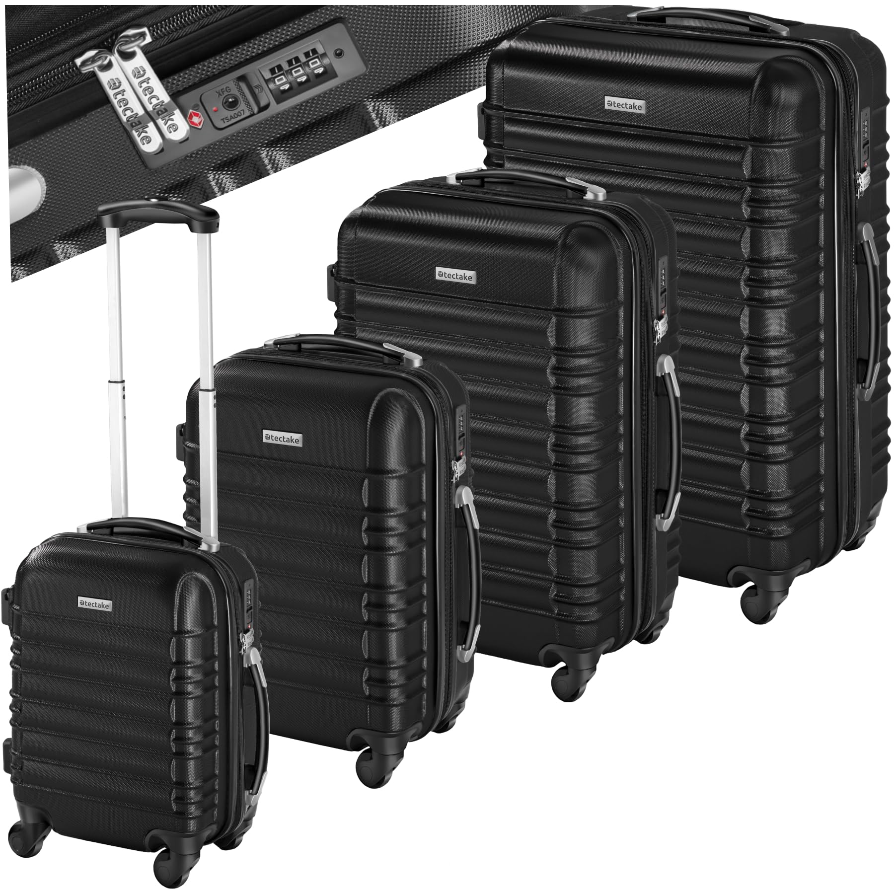 tectake® Juego de 4 Maletas Rígidas de Plástico ABS, Tamaños XL-L-M-S, Set Maletas Viaje con Ruedas de 360º, Cerradura de Combinación TSA, Asa Telescópica de Aluminio, Interior Compartimentado - negro