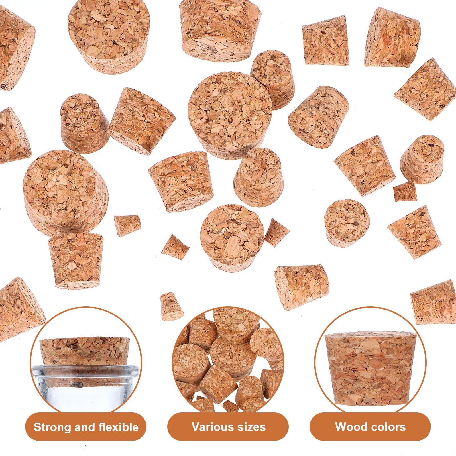 30-Piece Natural Wood Bottle Corks - 6 Size Assortment Of Tapered Cork Stoppers For Wine, Beer & Liquor Bottles