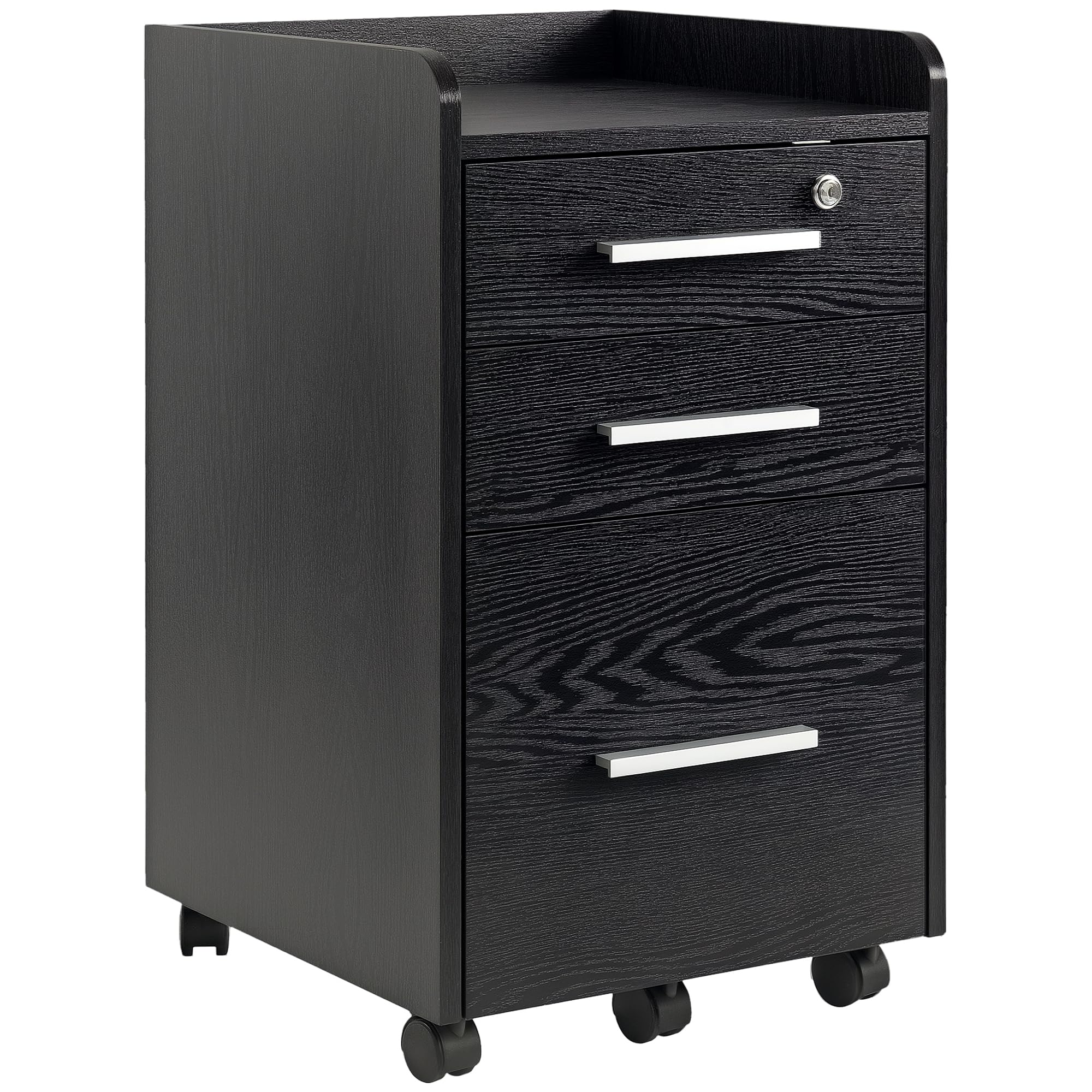 HOMCOM Schedario da Ufficio con 3 Cassetti, 5 Ruote, Cassettiera Ufficio con Serratura e 2 Chiavi per Lettera/Legale/Formato A4, Armadietto Verticale per Studio, 39.2x40x65.4 cm, Nero