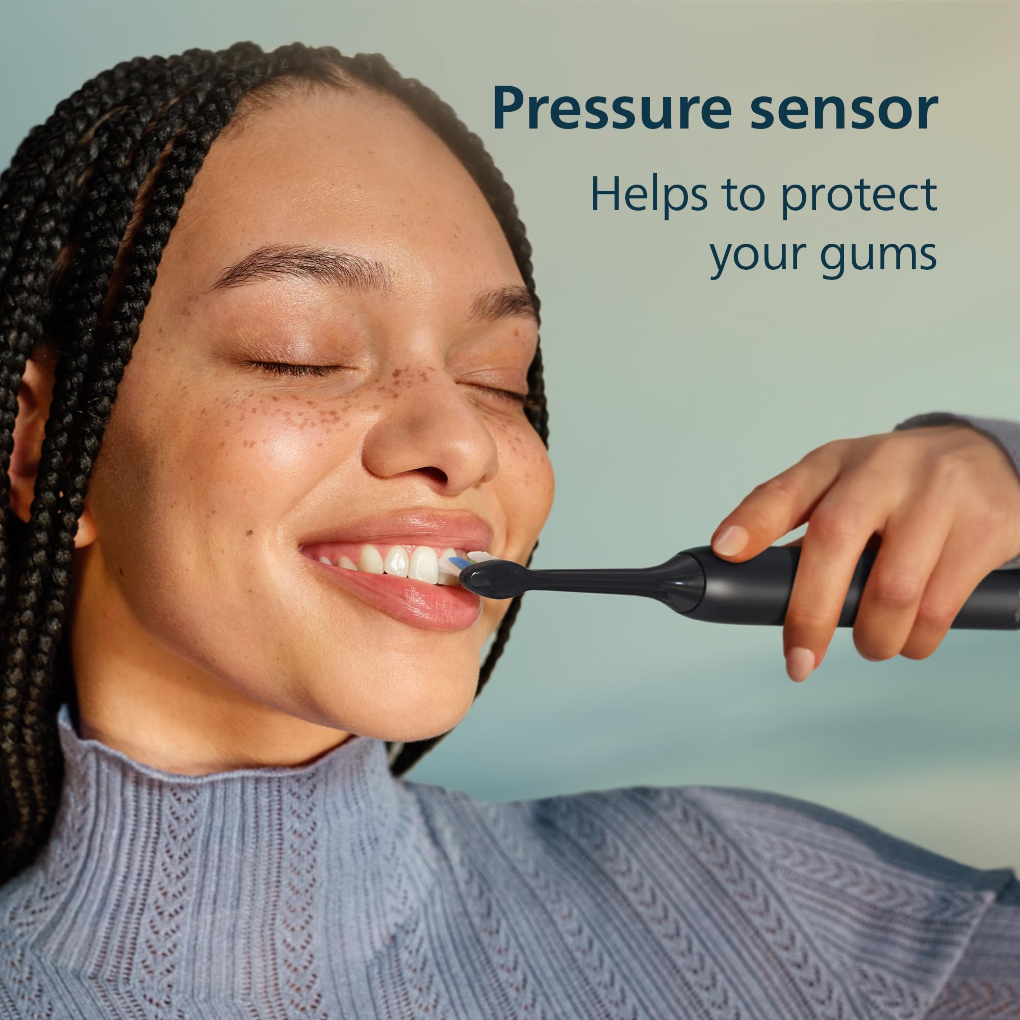 Philips Sonicare Spazzolino elettrico serie 4200 - Spazzolino sonico con sensore di pressione, 3 livelli di intensità, funzione EasyStart, SmarTimer e QuadPacer, autonomia di 14 giorni, nero, modello