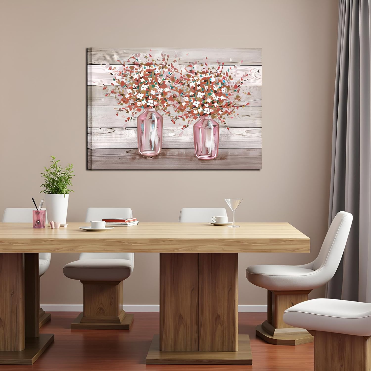 RyounoArt Pink Floral Pictures Wall Decor Pink and Grey Flowers in Vase Canvas Art Painting Farmhouse Decoration Ready to Hang 24"x36"