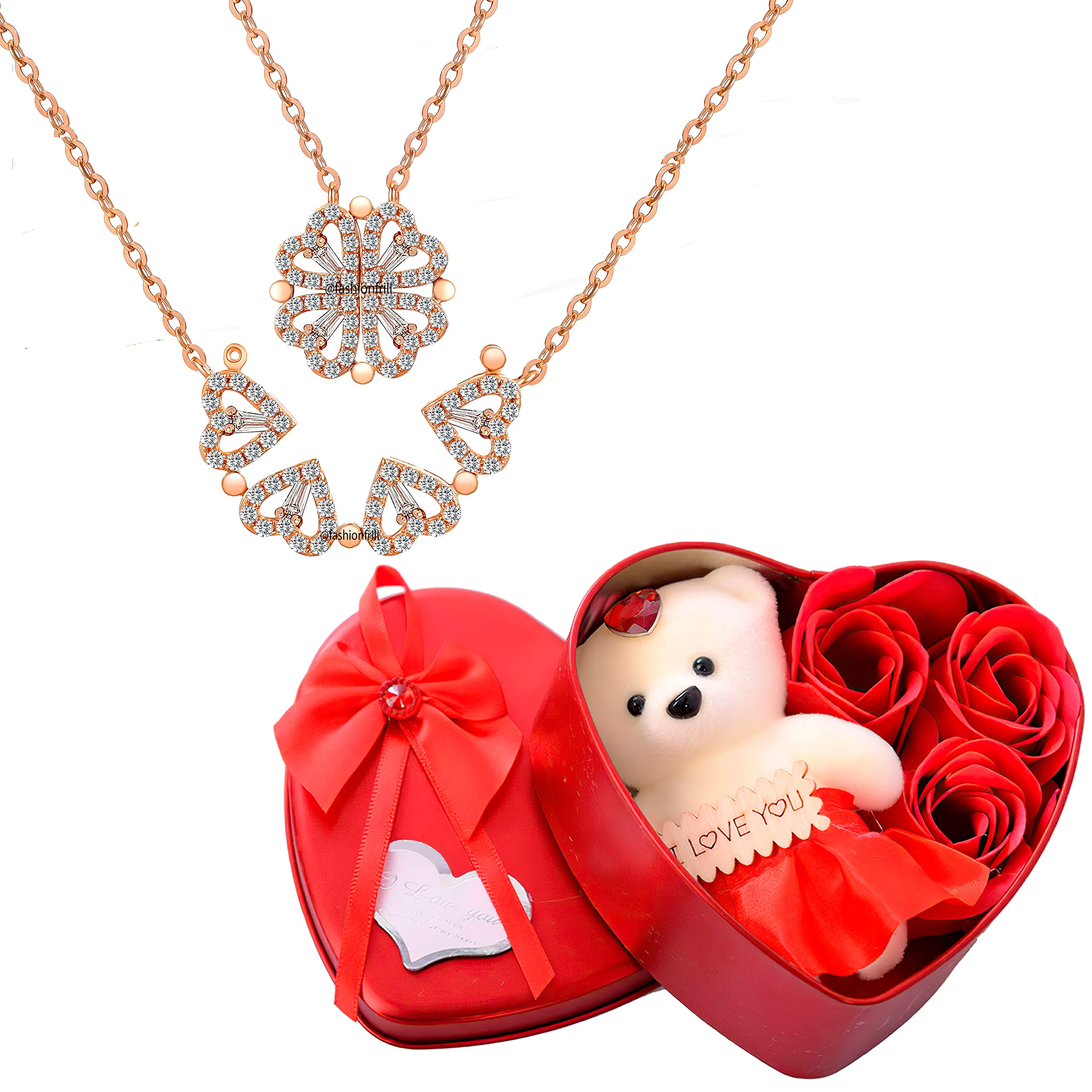 Valentine Gift For Girlfriend Crystal Heart Pendant Rose Gold Plated Magnetic Pendant Chain Necklace For Women Girls Heartbox with Teddy Valentine's Day Gifts-image-24
