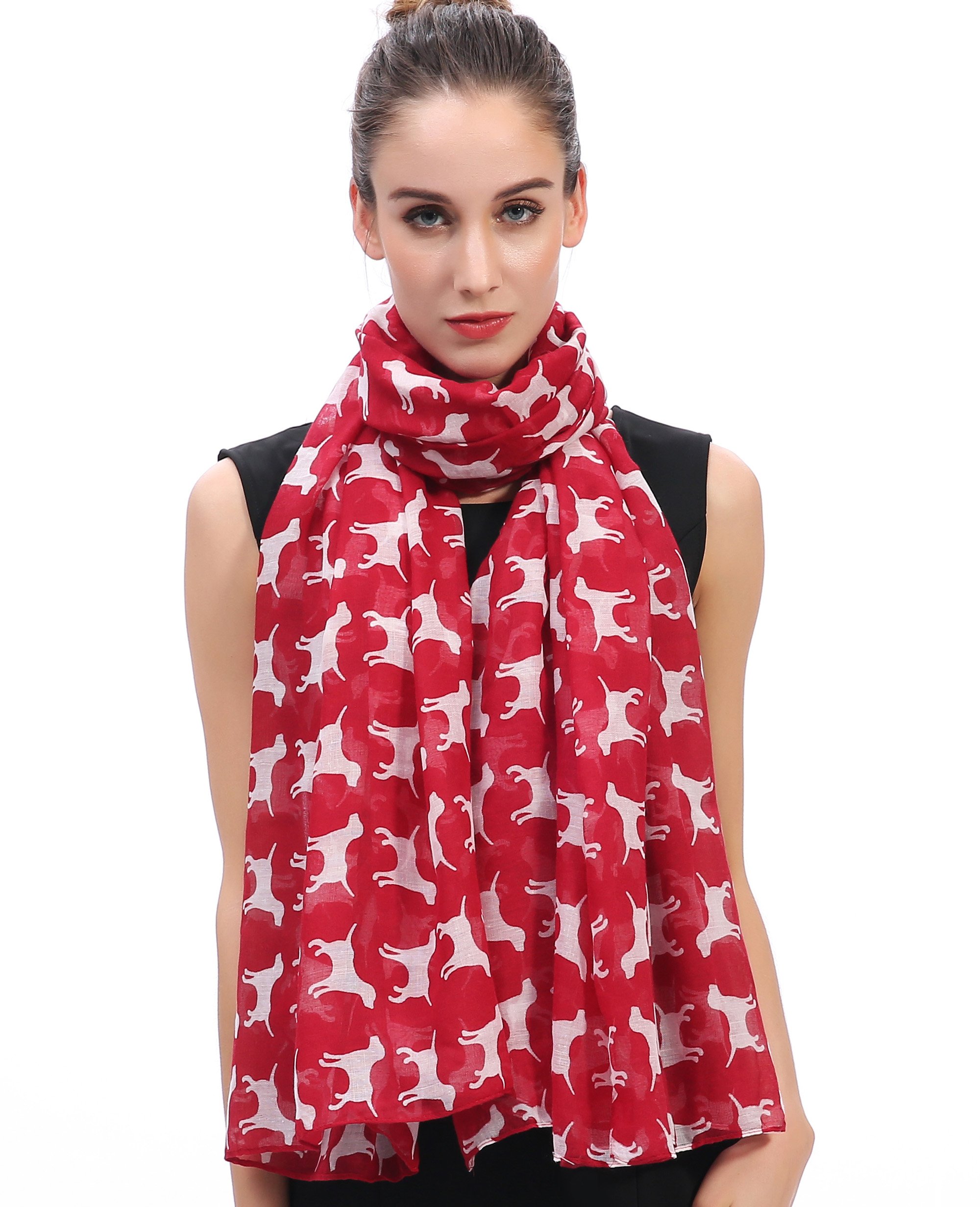 Lina & Lily Women's Red & White Labrador Retriever Dog Print Scarf Shawl Wrap Lightweight (Red & White)