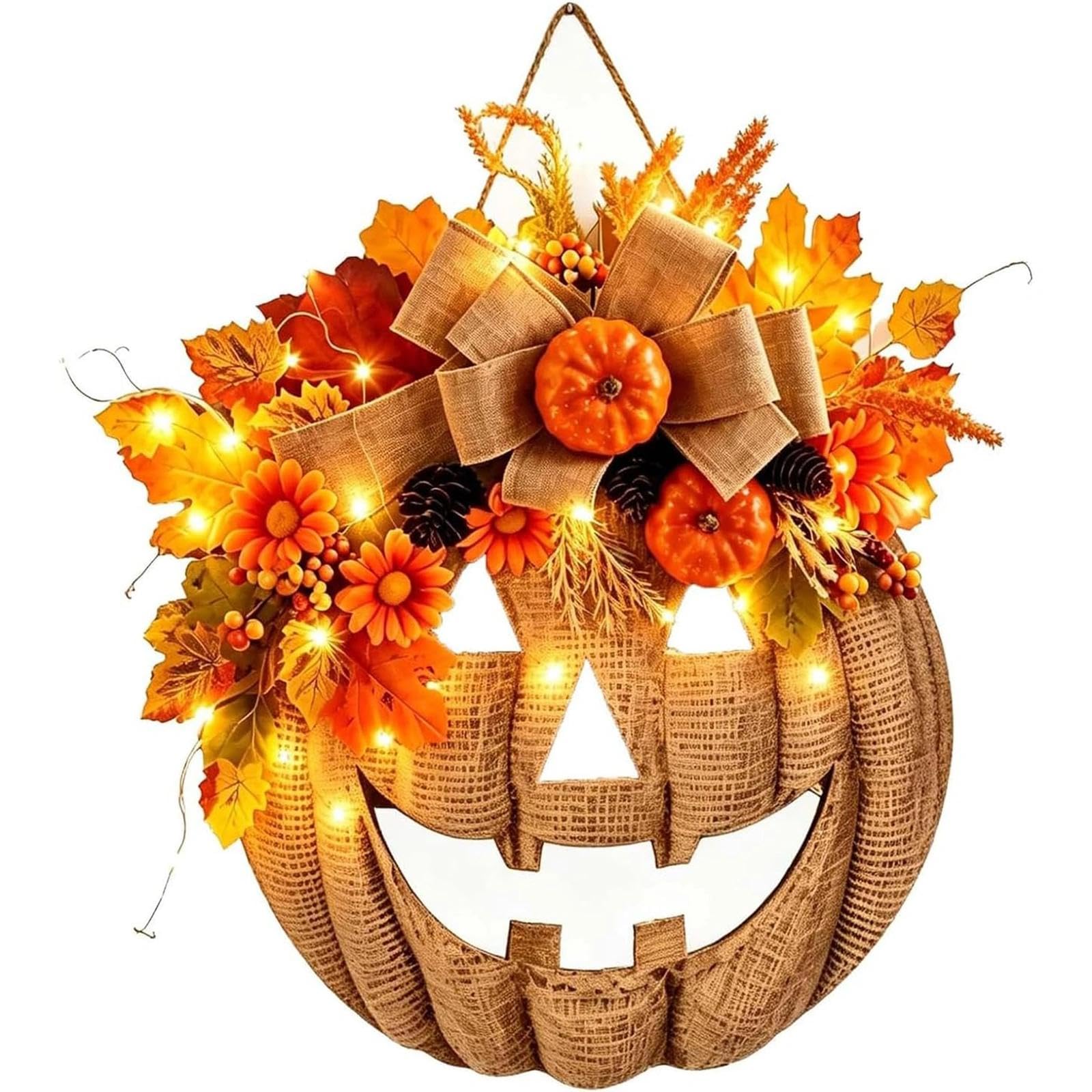 Lighted Burlap Pumpkin Wreath, Fall Harvest Home Decor(A)