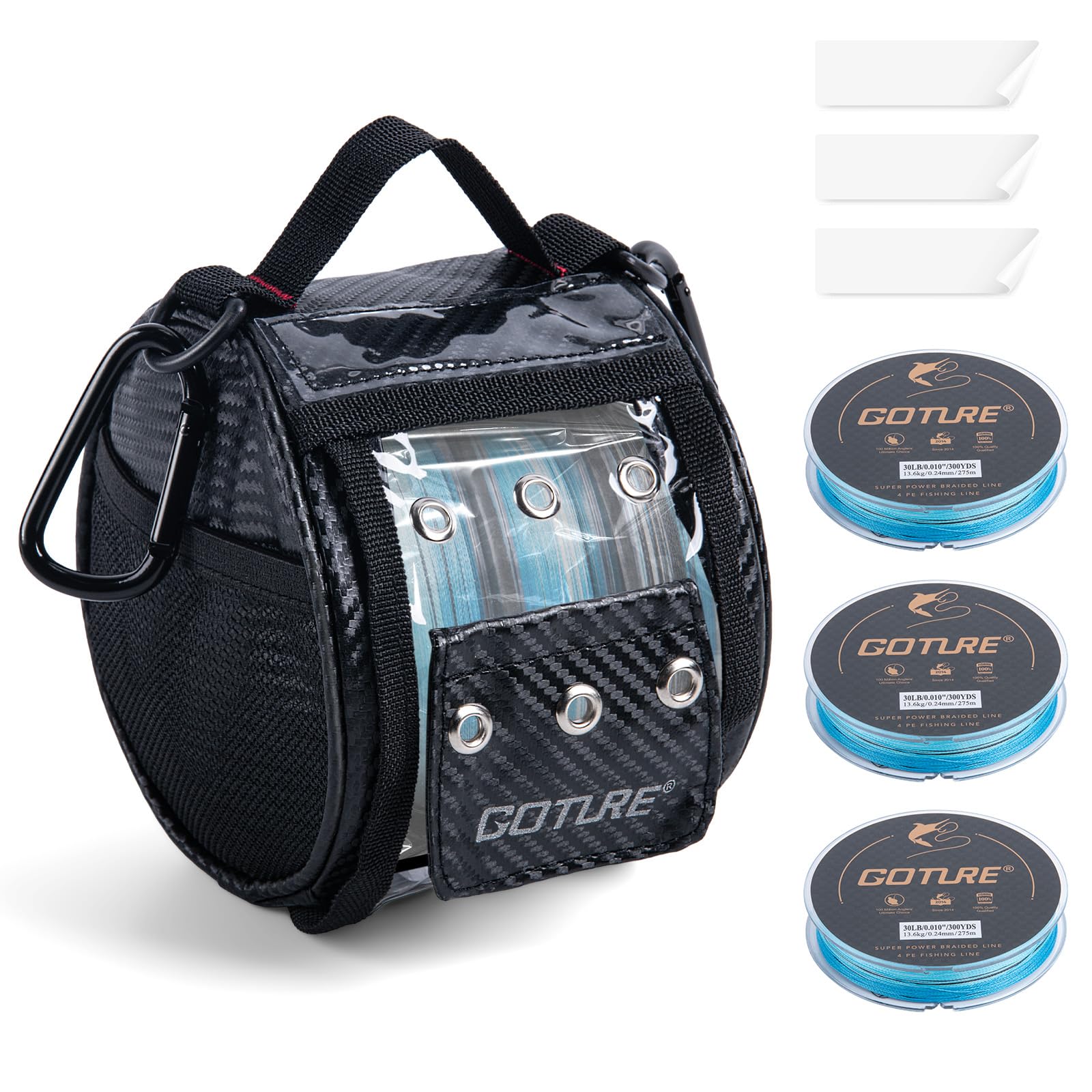 Goture 3/6 Outlet Holes Fishing Line Storage Bag, 2 Sizes Clear View Window Fishing Line Case, Removable Divider Fishing Line Organizer, Water-Resistant Surface, Tangle-Free Leader Line Spool Bag