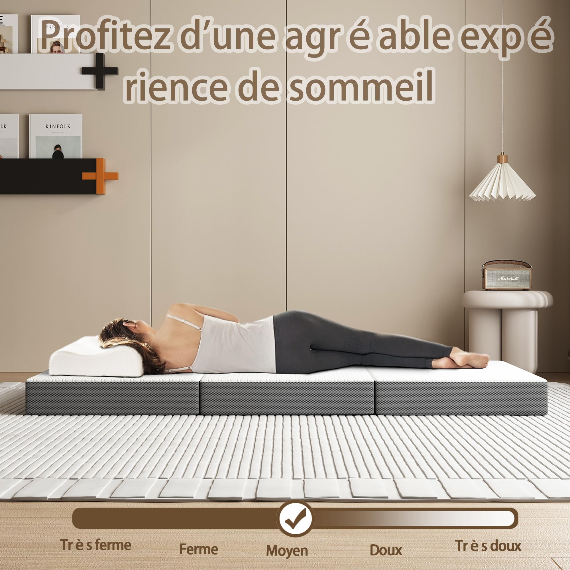 Matelas Pliable 1 Personne Adulte 90X200X10cm, Matelas d'Appoint Pliable en 3 Parties avec Housse Lavable de Sol pour Voiture, Camping, Voyage et Invités