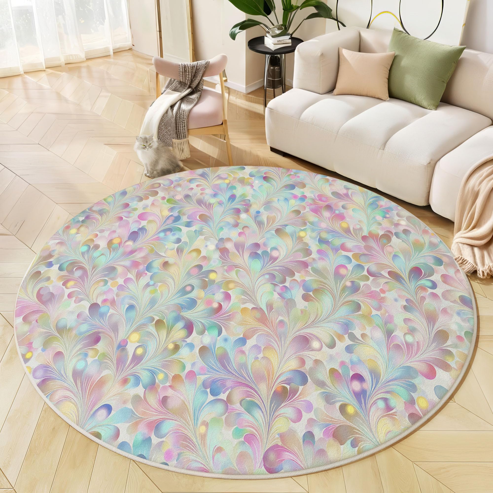 Tapis de salon rond poils courts dégradé bleu rose liane abstraite 180cm