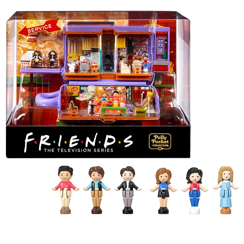 Polly Pocket - Cofanetto Friends, playset tazza da caffè Central Perk, con i 6 personaggi principali, 9 accessori e 3 luoghi della serie Friends inclusi, giocattolo per bambini, 4+ anni, HKV74