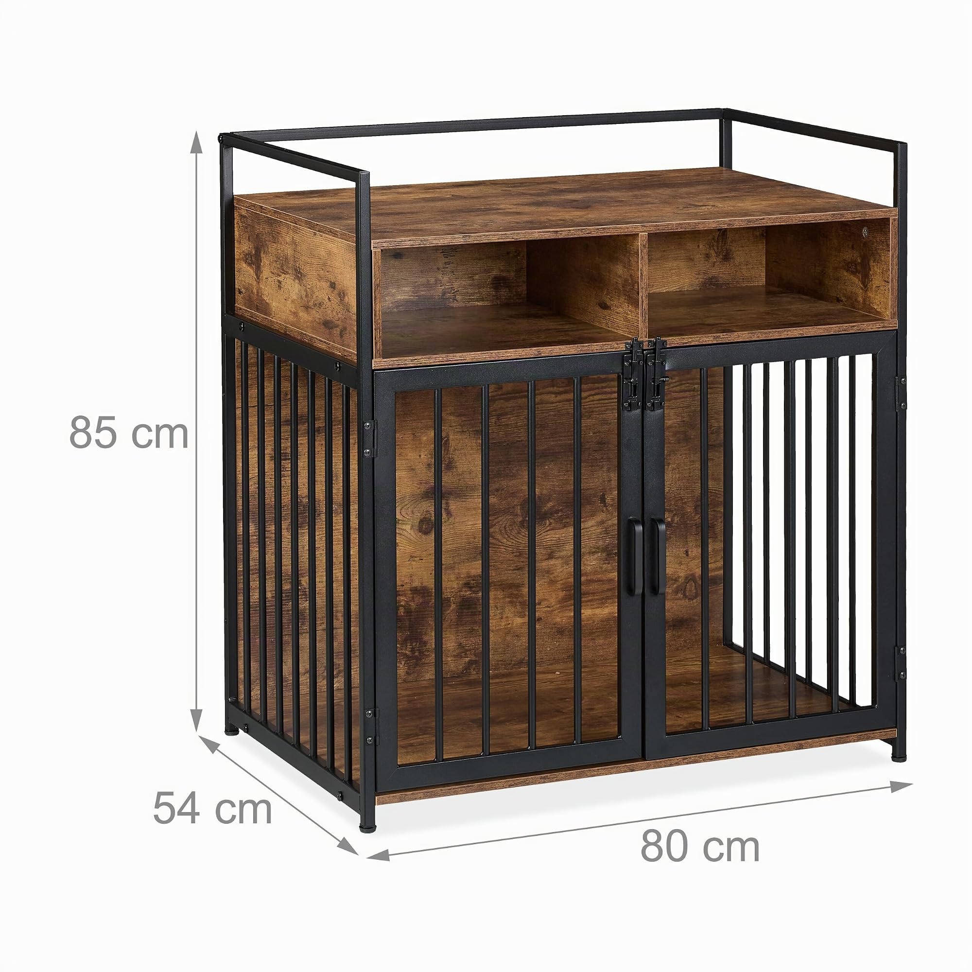 Relaxdays Gabbia per Cani, Mobile con Kennel Integrato, HLP: 85x80x54 cm, Ripiano e 2 Ante, Legno e Ferro, Marrone Nero
