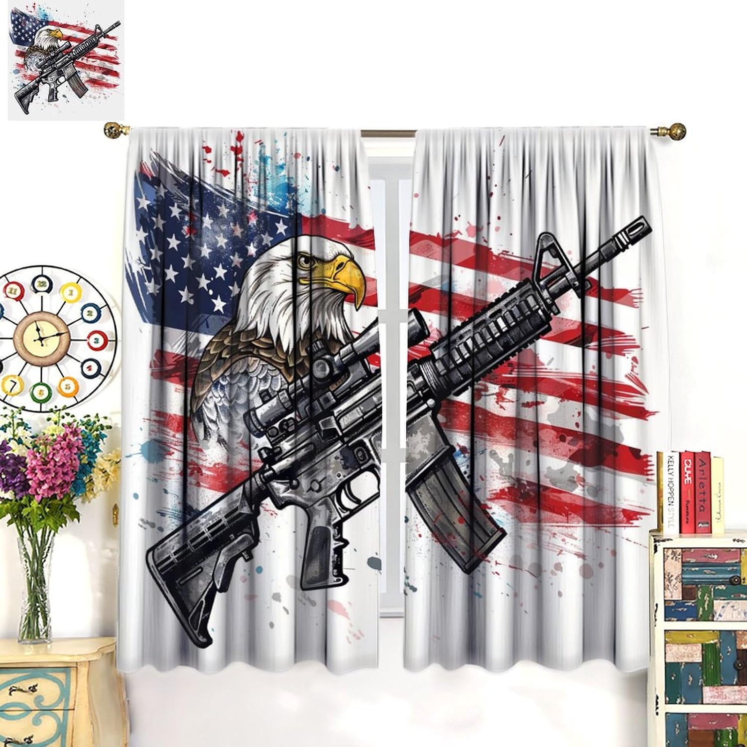 Military Gun Theme Blackout Curtains for Bedroom Living Room, Rod Pocket American Flag Bald Eagle Curtains Thermal Insulated Window Drapes 2 Panels, Each 21W x 63L