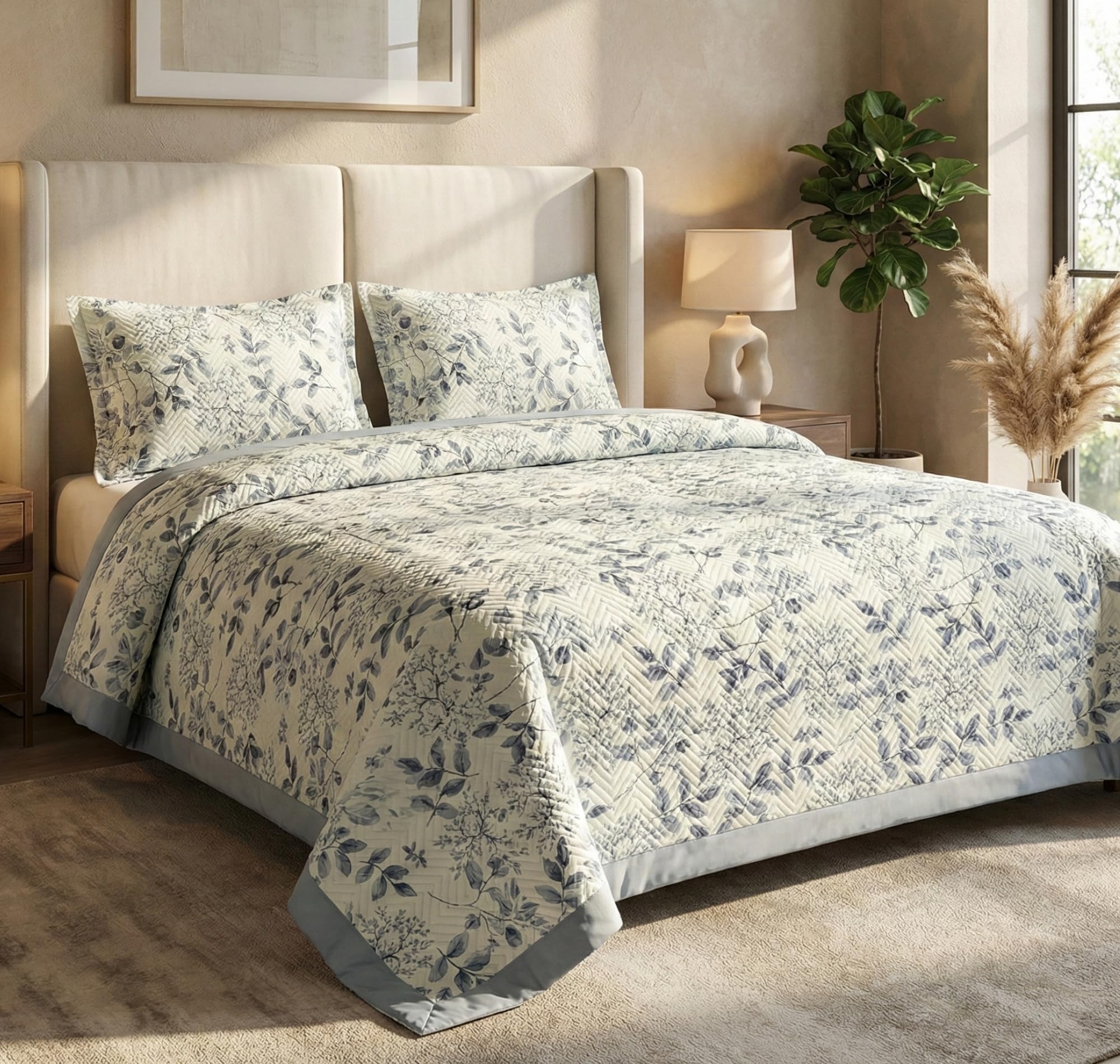 All-Weather Embroidered 3 Pcs Comforter Set with Pillow Shams- Light Weight Bedspread/Duvet/Quilt - Double, 150 GSM | White & Black, 220 Tc, Cotton