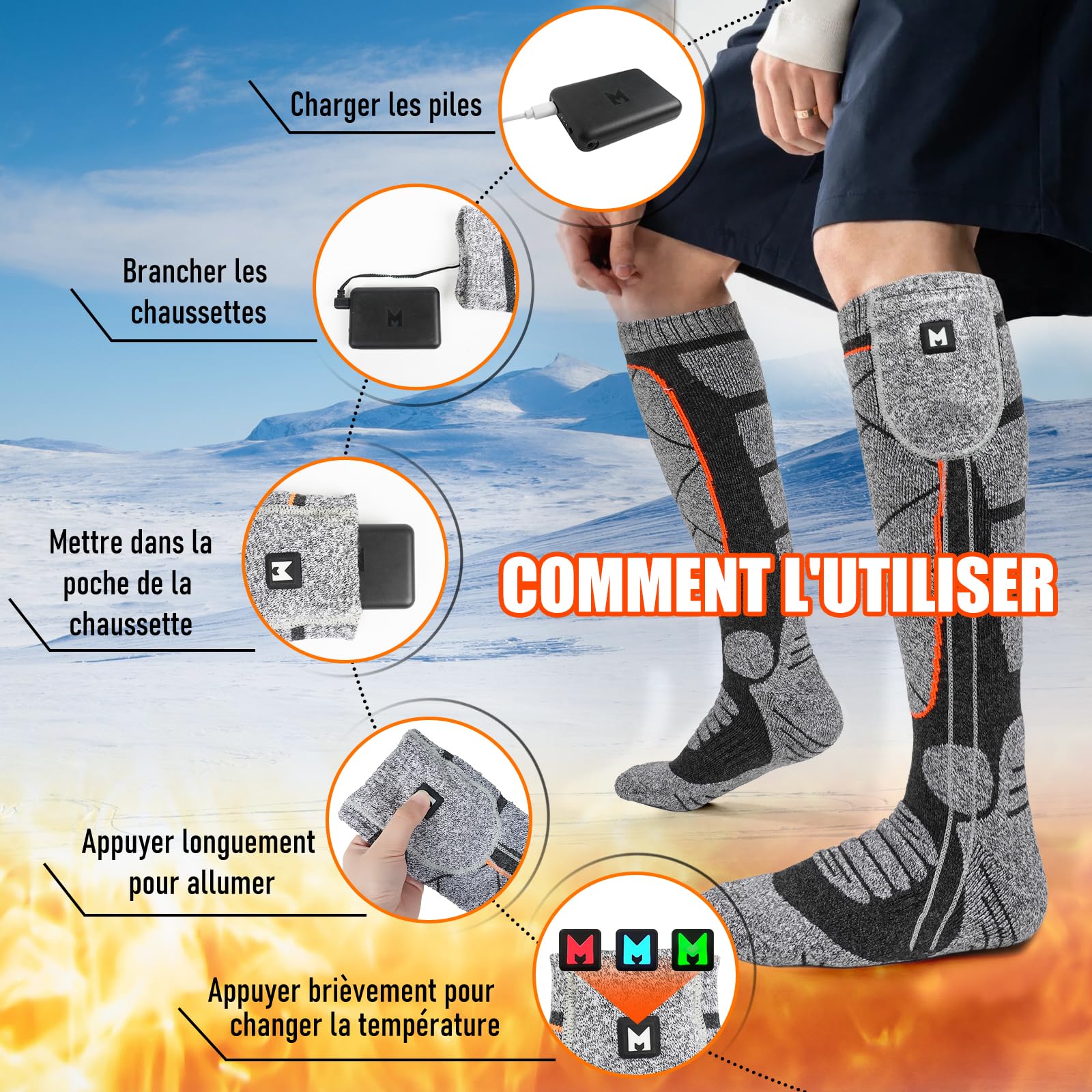 Chaussettes Chauffantes USB Rechargeable 6000mAh 3 Niveaux Chauffage Électrique pour Hommes Femmes Ski Cyclisme Moto Orange Gris