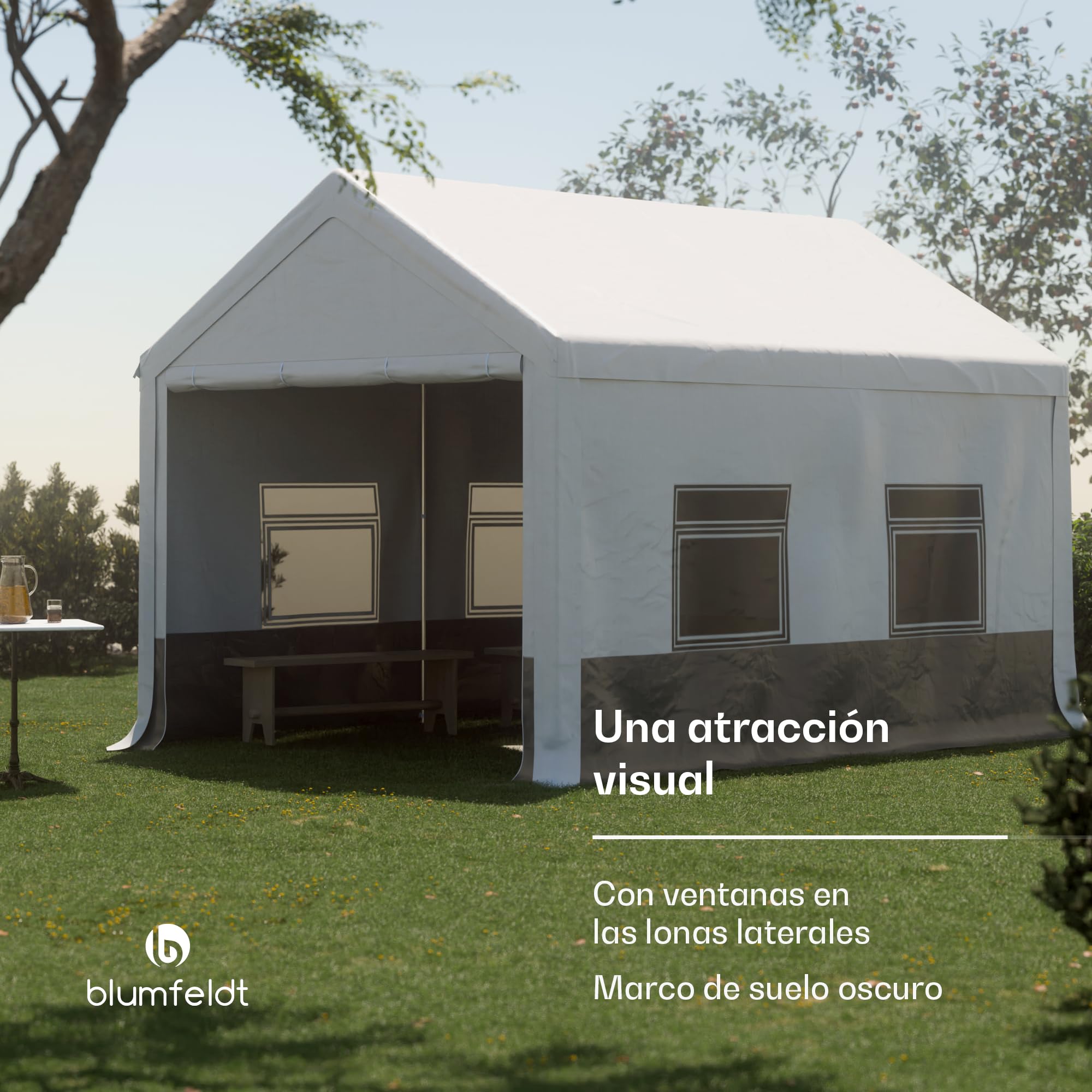 Blumfeldt Carpa - 4x3m, Carpas para Exteriores, Techo y Paredes de PE, Estructura de Acero, Fácil Montaje, Resistente al Viento y a la Intemperie, Ideal para Fiestas y Jardín
