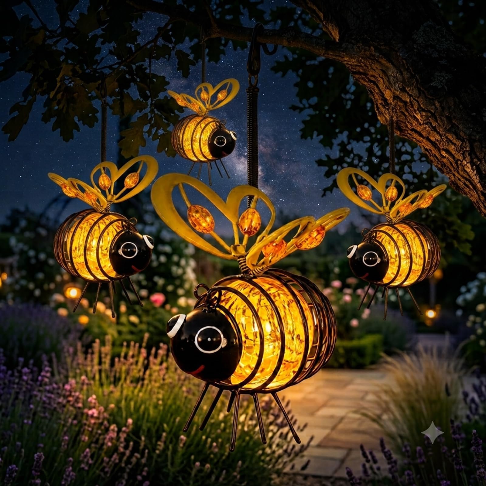Bee Solar Lights, Solar Bee Lights Outdoor Garden, Solar Glow Bee Lantern, Hanging Metal Bees Lanterns Painted Iron Art Crafts, Waterproof Solar-Powered Bee Light for Yard Porch Garden Decoration