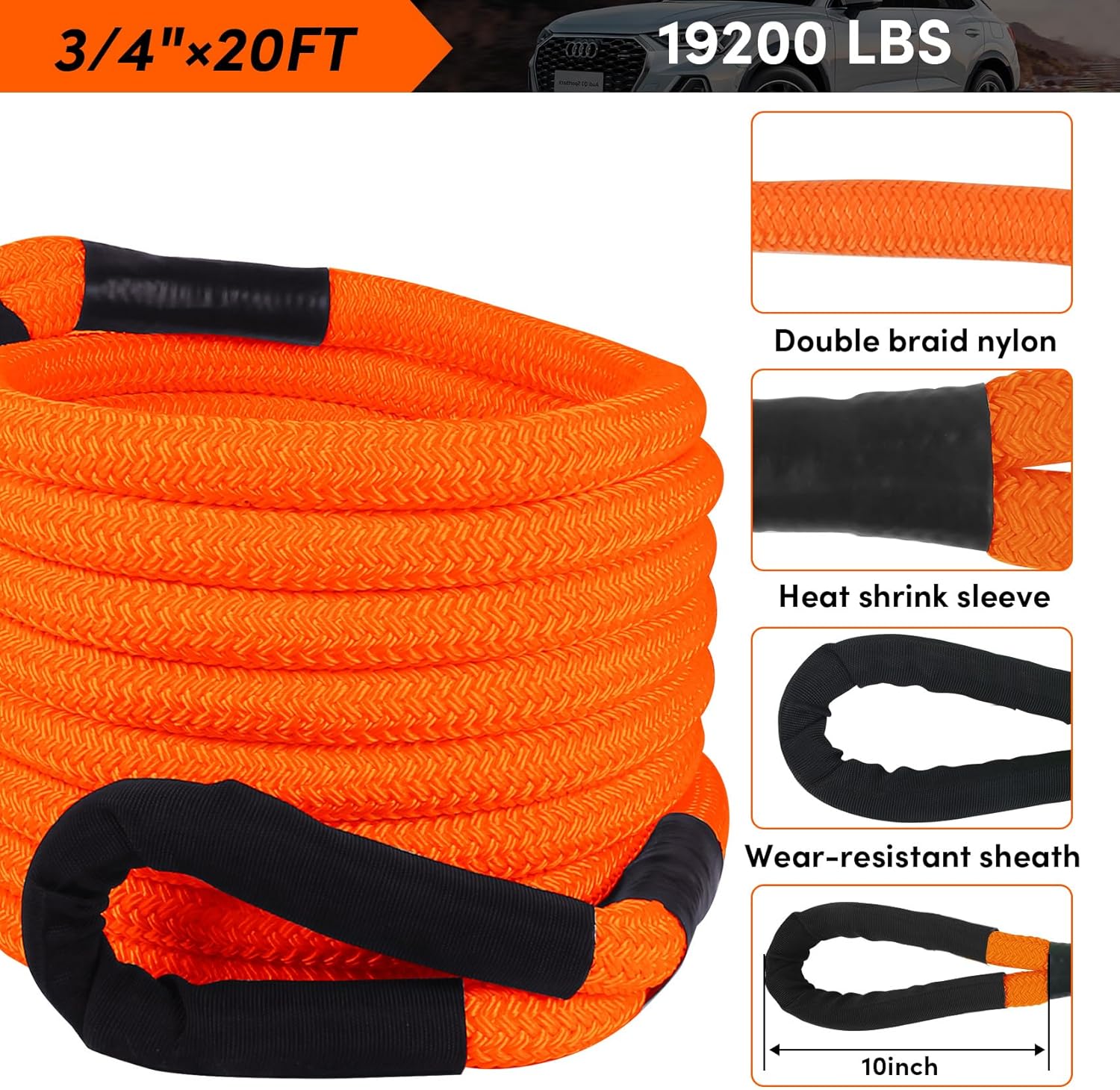 3/4"×20 ft Kinetic Recovery Rope,Orange 19200LBS Offroad Power Kinetic Tow Rope,for Jeep car Truck ATV UTV SUV