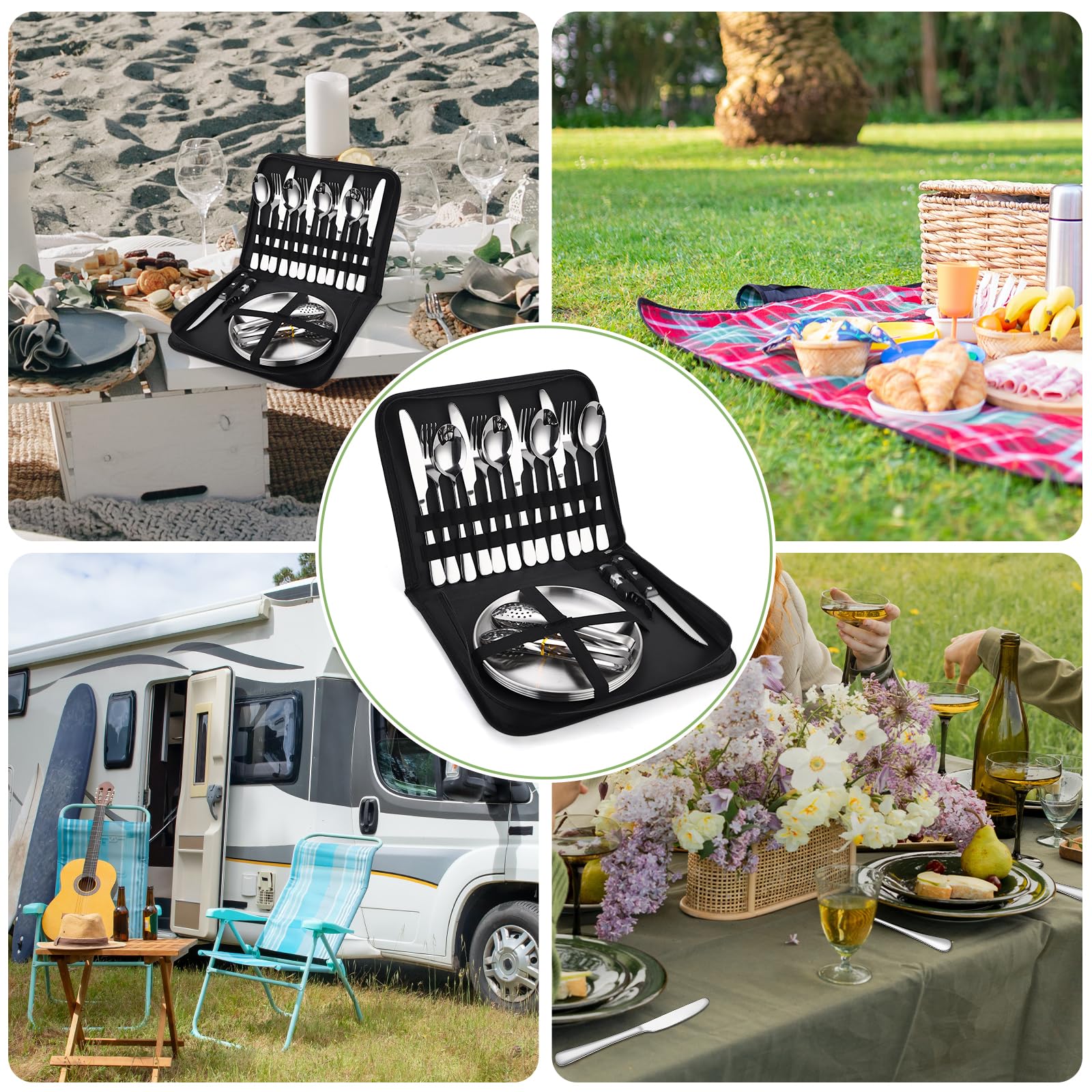 Camping-Besteck-Set, Besteck-Organizer, Utensilien, Picknick-Set, 24-teiliges Set für 4 Personen, Edelstahl-Teller, Löffel, Clip und Steakmesser, Weinöffner, Gabel, Serviette, Wandern – Campingküche,