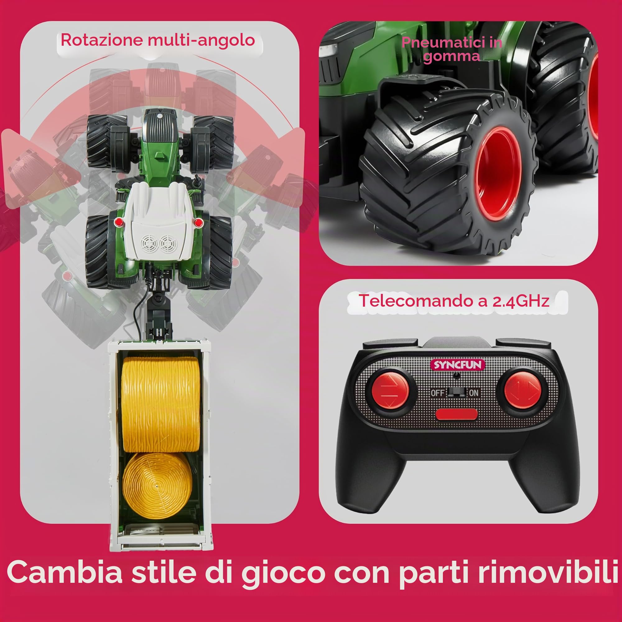 SYNCFUN Set di giocattoli trattore telecomandato grande veicolo agricolo con rimorchio, caricatore, luci e suoni