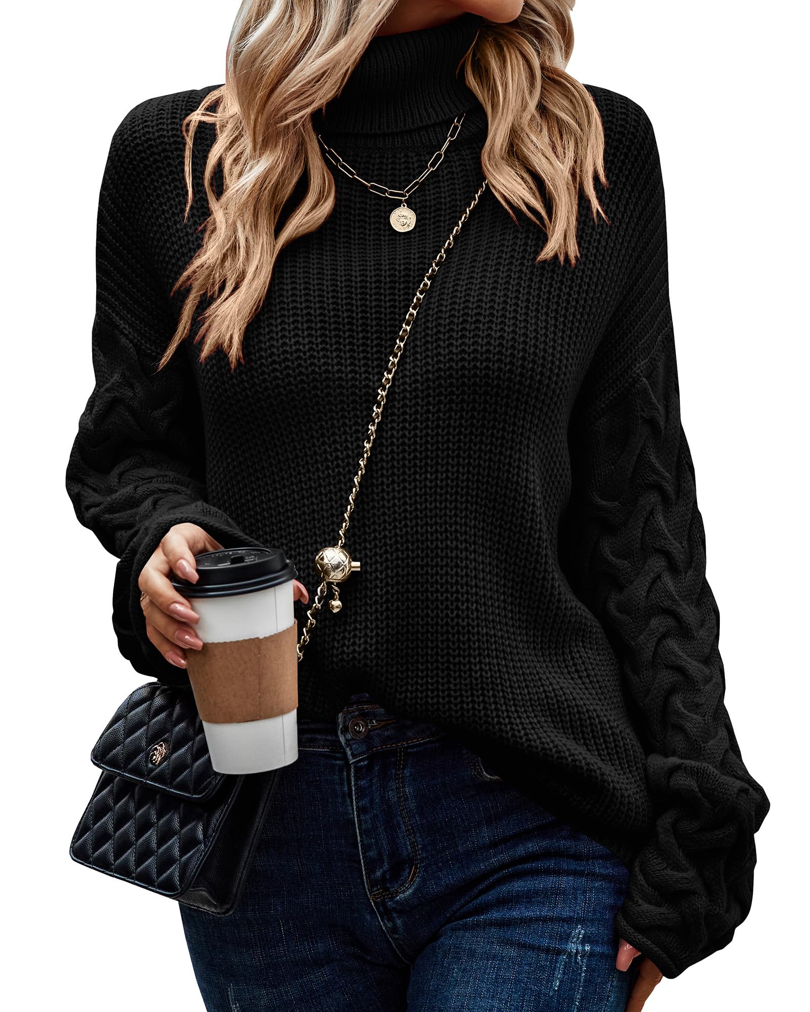 OkiwamCable Knit Sweater Women Long Sleeve Turtleneck Fall Sweater Solid Color Pullover 2023 Casual Tops Jumper