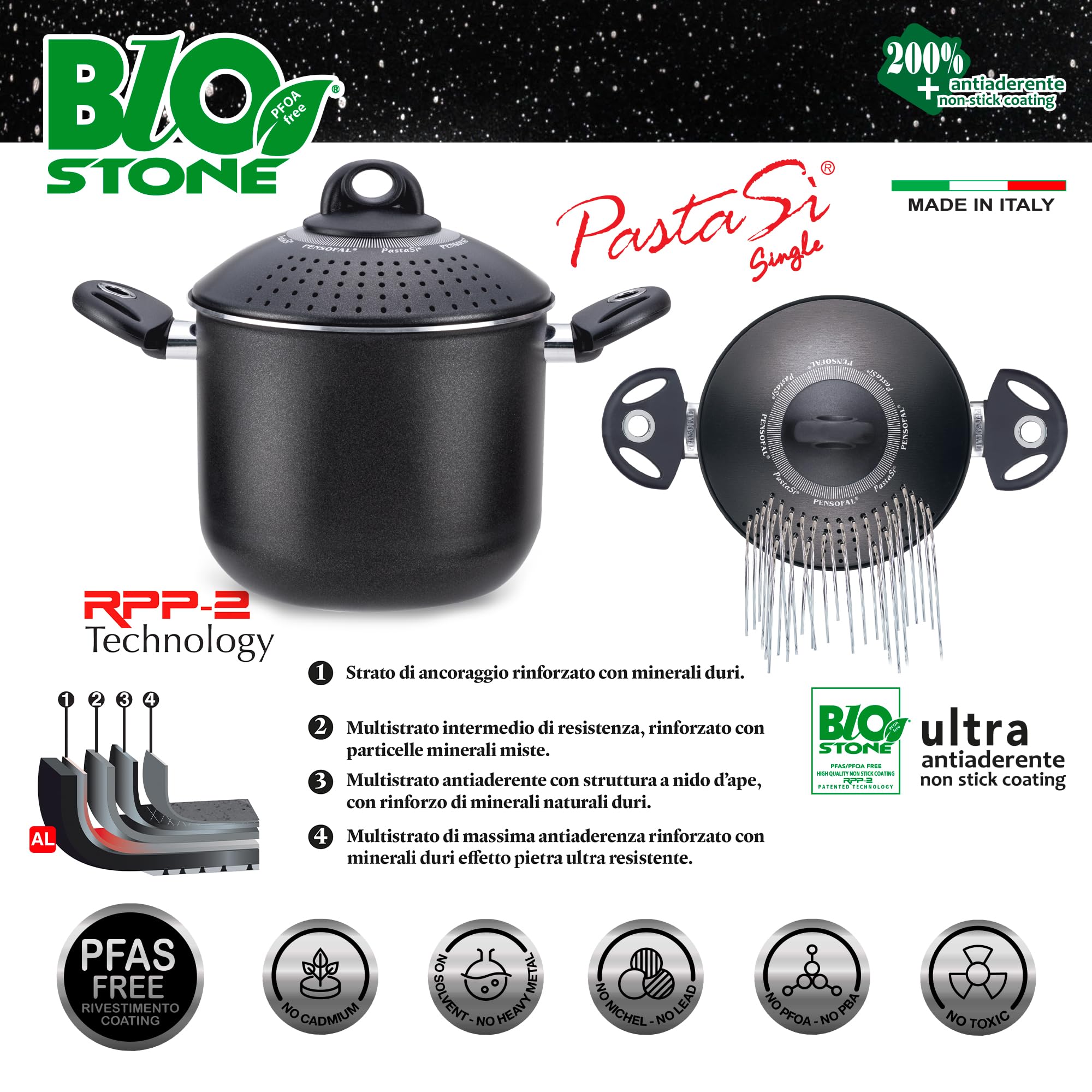 Pensofal Pentola PastaSì Single BioStone con coperchio colapasta 2 manici rivestimento effetto Pietra in alluminio antiaderente da induzione diametro 18 cm 3 litri