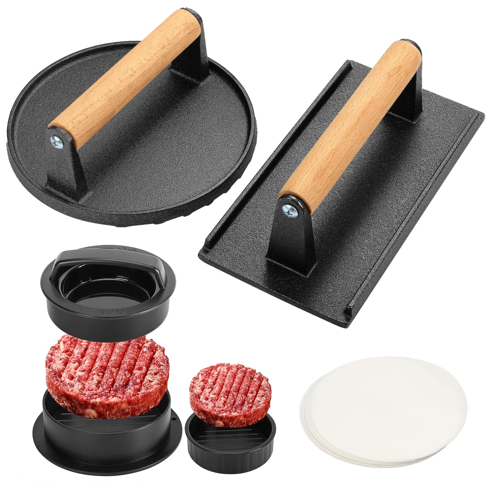 Fervidus Zestaw prasy do burgerów Smash 17,3 cm, okrągła i 21 cm x 10 cm, prostokątna, żeliwna prasa do grilla, 3 w 1, nadziewana forma do burgerów, nieprzywierająca prasa do burgerów, zestaw do