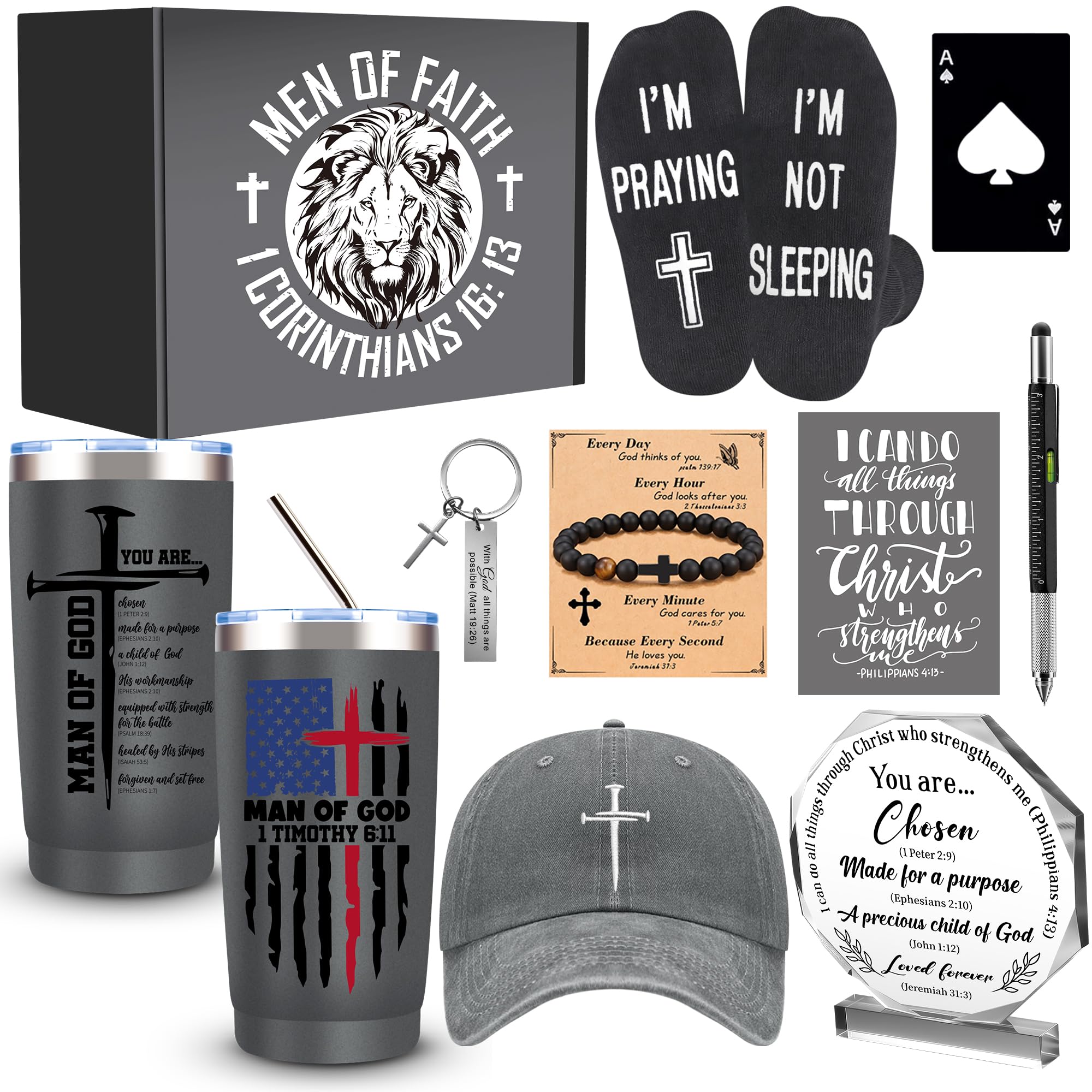 JTAMOHI 10 Pcs Christian Gifts for Men Faith, Inspirational Religious Gifts, Catholic Gift with 20 Oz Tumbler Bible Verses Crystal Plaque Hat Socks Bracelet for Husband, Dad, Grandpa, Friends