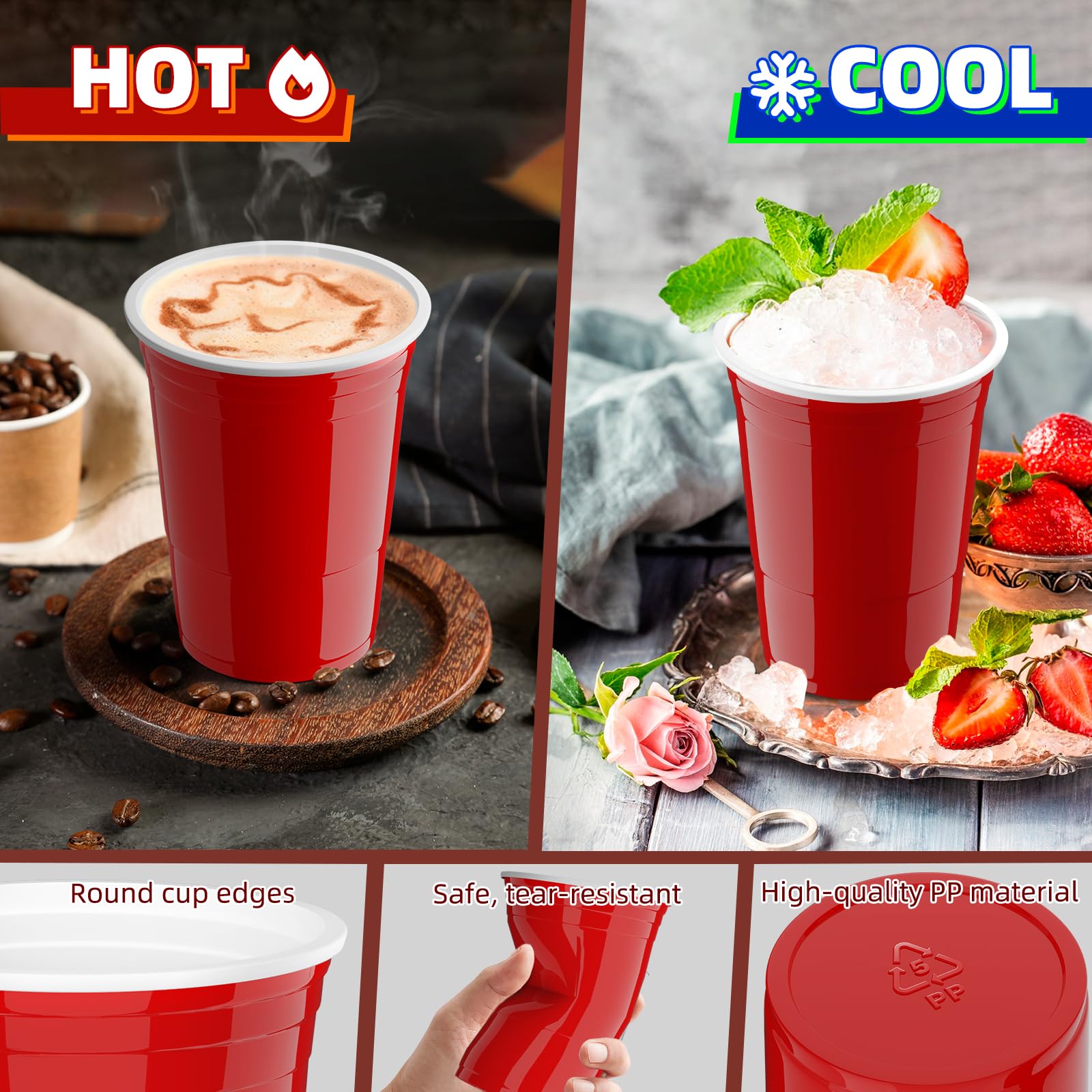 AOLUXLM 240 Partybecher Set + 20 Bälle, Plastikbecher, Mehrwegbecher | 473ml/16oz, Mehrweg, in 4 Farben, Spülmaschinenfest, Polypropylen (PP), Trinkbecher für Feste und Veranstaltungen