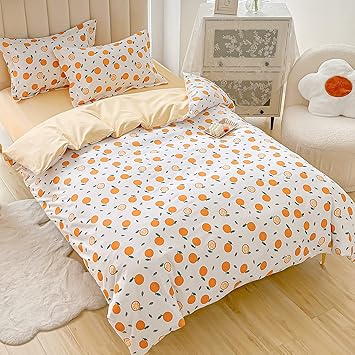 Amazon Qucover 布団カバー シングル 4点セット 可愛い 掛け布団カバー ボックスシーツ 枕カバー2枚 両面使用可能 超柔らかい ベッドカバーセット シーツ おしゃれ かわいい 洗い替え速乾タイプ 防ダニ オールシーズン シングル オレンジ 寝具カバーセット