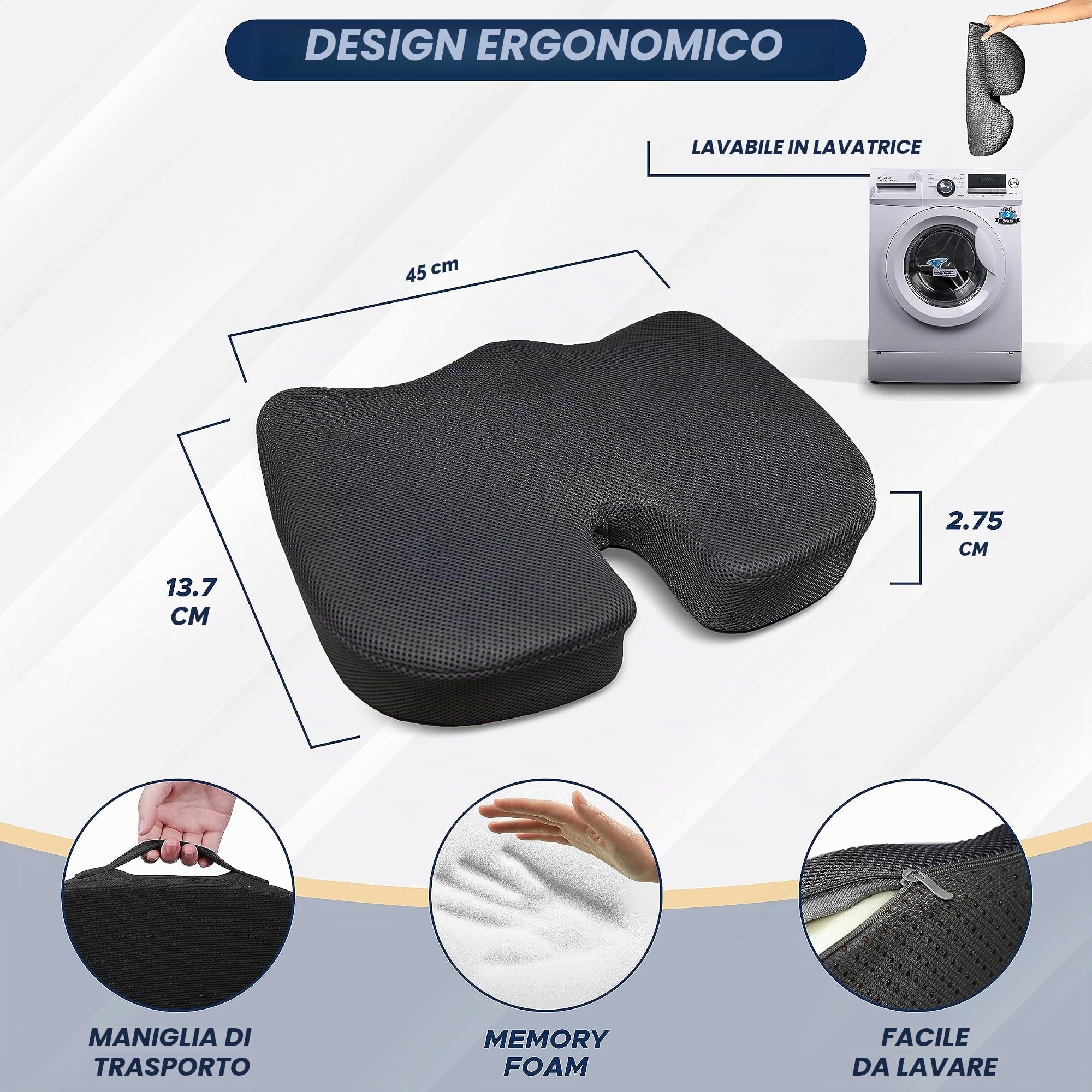 EcoNour Cuscino per coccige | Cuscino in memory foam per sollievo dal dolore alla schiena, sollievo dal dolore al coccige sciatica, ortopedico in gel antiscivolo, per sedia da ufficio, sedia a