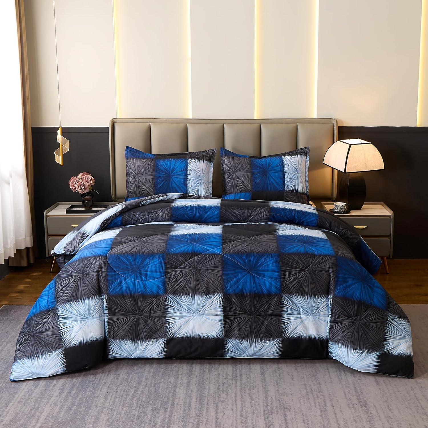 Caressma Plaid Checkered Comforter Set Navy and Gray, Fluffy Geometric Grid Buffalo Full Size 3 Pieces Comforter Set with Matching Pillow Shams