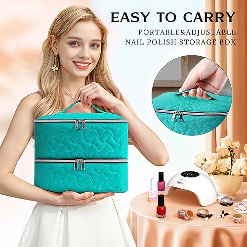 Miniatura 5 de DreamGenius Estuche organizador de esmalte de uñas con capacidad para 42 botellas, bolsa portátil de almacenamiento de esmalte de uñas de doble capa