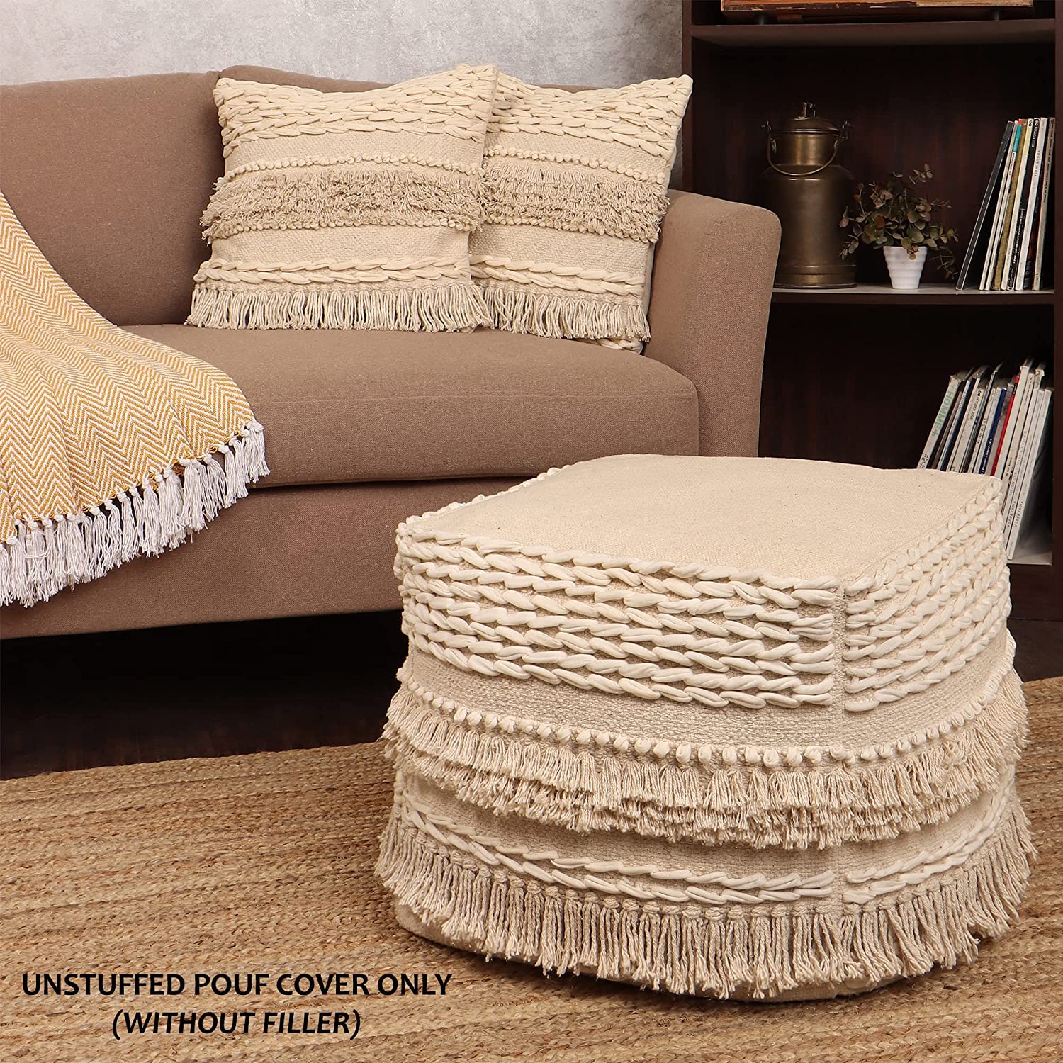 REDEARTH · UNSTUFFED Pouf Ottoman Cover Boho Textured Storage Cube Poof, Farmhouse Accent Pouffe Footrest for Living Room, Bedroom, Nursery, kidsroom, Nook; 100% Cotton (18x18x18; Natural)