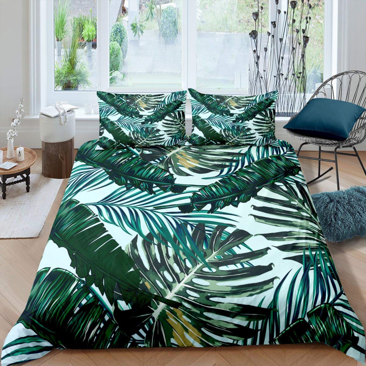 Homemissing Tropical Leaves Duvet Cover Set Botanical Leaf Print Bedding Set for Kids Boys Girls Plant Green Comforter Cover Botanical Branches Decor Quilt Cover 3Pcs King