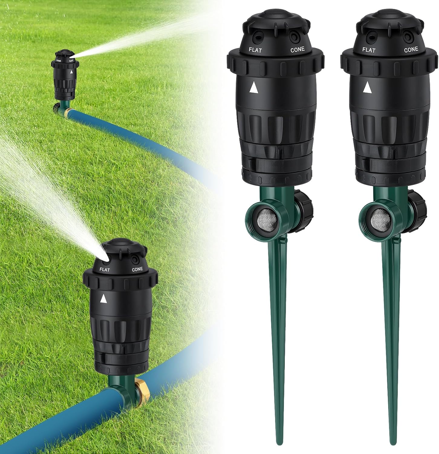 Sturdy Aluminum Alloy Spike Sprinklers for Yard - Adjustable Spray Coverage & 5 Spray Patterns Lawn Sprinkler, Efficient Irrigation System for Medium Large Garden Uneven Ground, 2 Pack