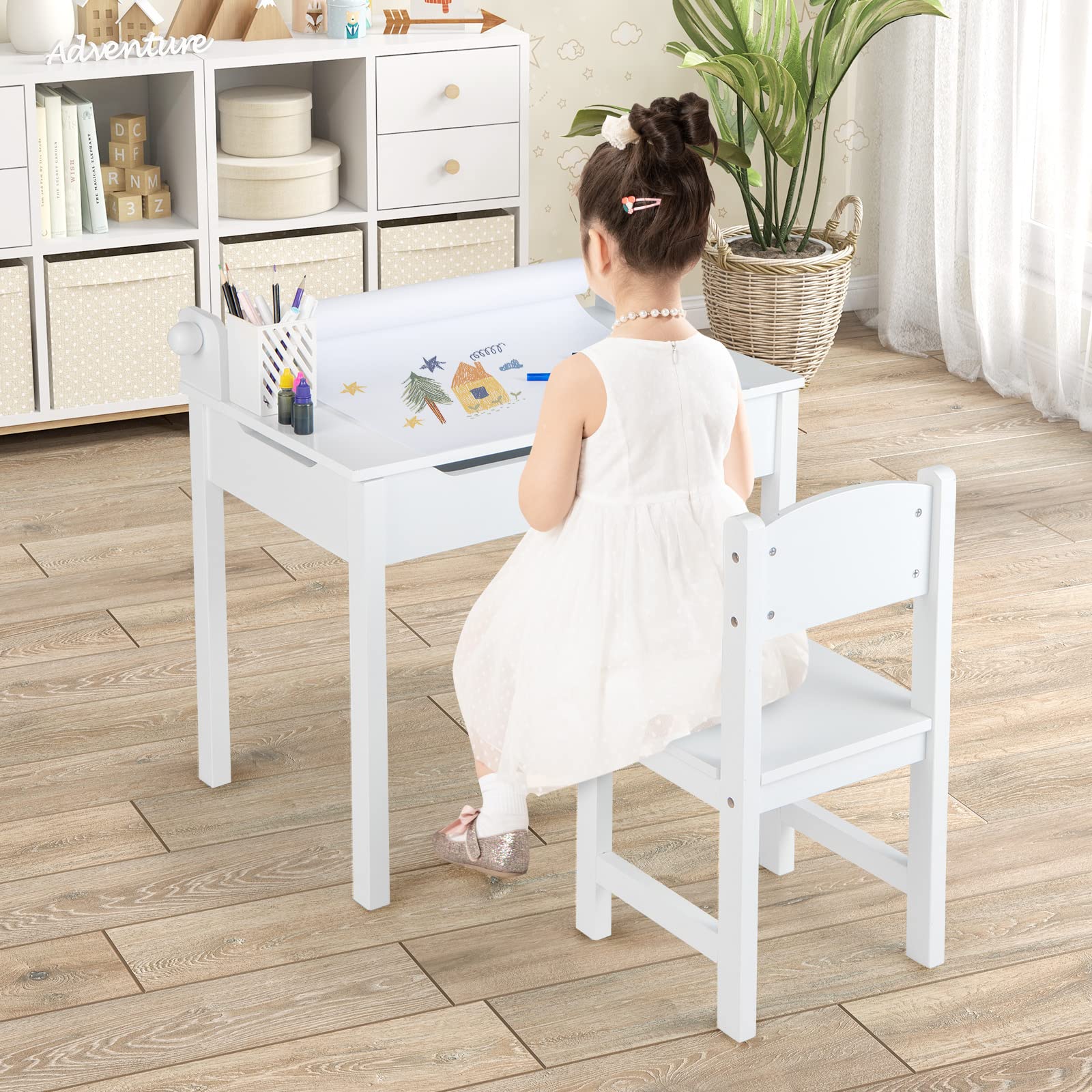 COSTWAY Juego de Mesa y Silla Infantil de Madera, Mesa de Actividades para Niños con Silla, Escritorio Infantil con Soporte para Rollo de Papel para Dibujar, Estudiar y Jugar (Blanco)