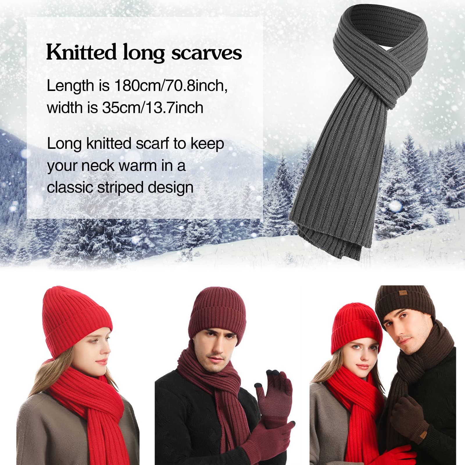 Set di 3 guanti invernali unisex con cappello e sciarpa a maglia calda, guanti touchscreen, sciarpa lunga, per uomini e donne