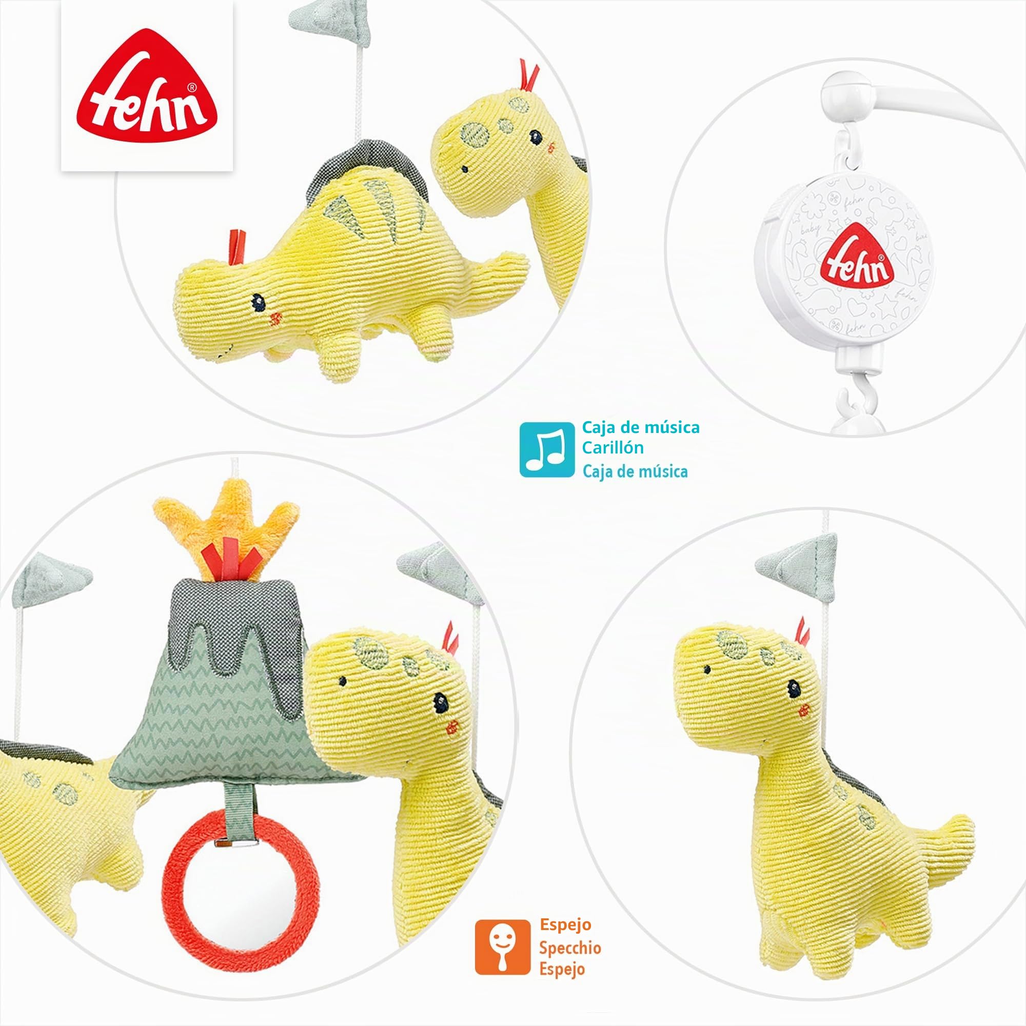Fehn Music Móvil Happy Dino, Juguete musical para ayudar a dormir con animales, Caja de música móvil melodía "Canción de cuna de Brahms", móvil musical para bebés de 0 a 5 meses