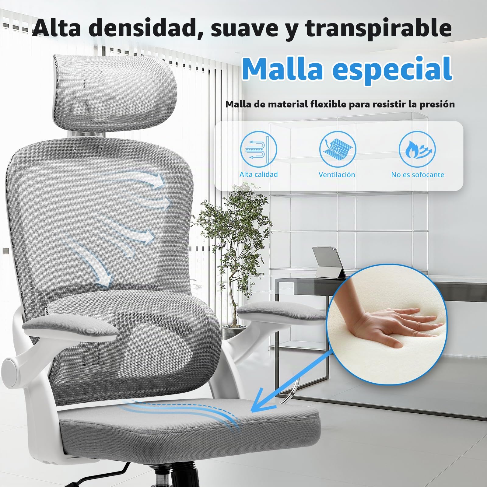 Magic Life Silla de Oficina ergonómica con cojín elástico, Respaldo de Malla Transpirable, reposabrazos Plegables, Soporte Lumbar, Altura Ajustable, Silla de Escritorio para Oficina y hogar