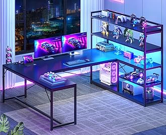 L Shaped Gaming Desk, 63'' Reversible Computer Desk with Power Outlet and Storage Shelves, Corner Gaming Desk with LED Lights, Bookshelf for Home Office, Black