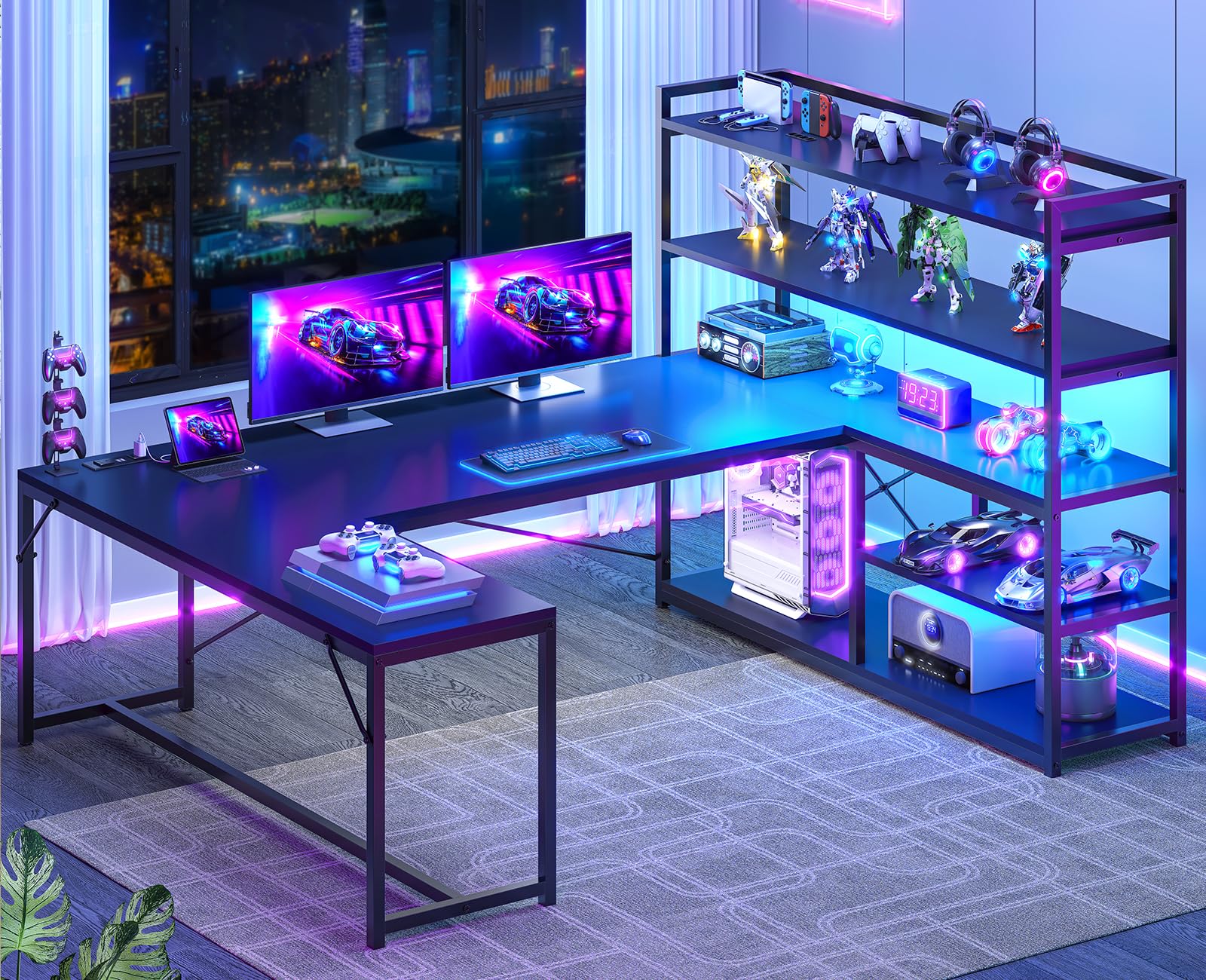 SEDETA L Shaped Gaming Desk, 63'' Reversible Computer Desk with Power Outlet and Storage Shelves, Corner Gaming Desk with LED Lights, Bookshelf for Home Office, Black