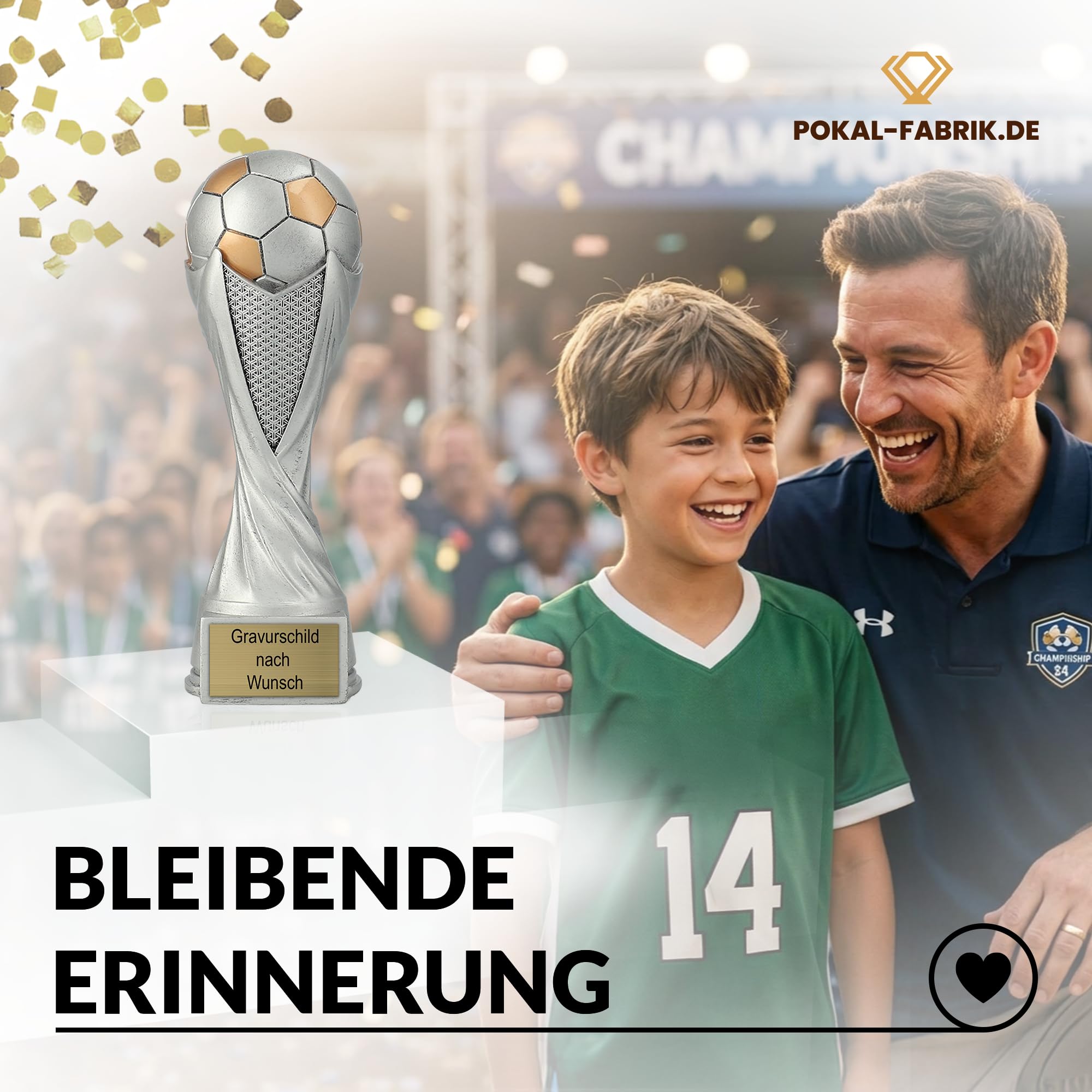 Pokal-Fabrik - Fußball Pokal mit Gravur Wunschtext 21 cm Resin Sportfigur – personalisierte Geschenk-Trophäe für Fussball WM, Sport Events, Wanderpokal und Kindergeburtstag