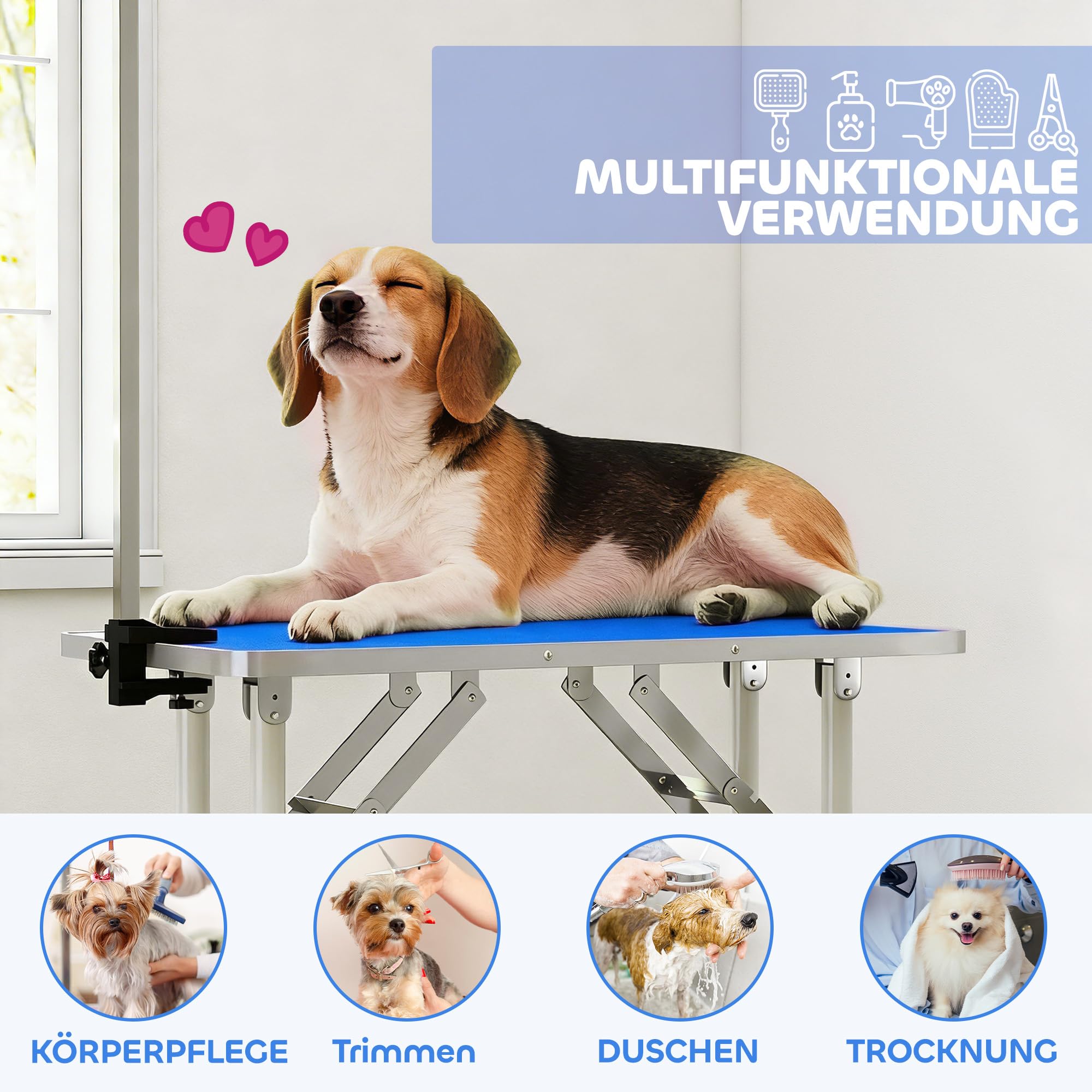 PawHut Trimmtisch für Hunde Hundepflegetisch klappbar höhenverstellbar mit höhenverstellbarem Galgen Schlinge rutschfest Gummiauflage Haustierpflegetisch für Haartrocken 81 x 48,5 x 80 cm Blau