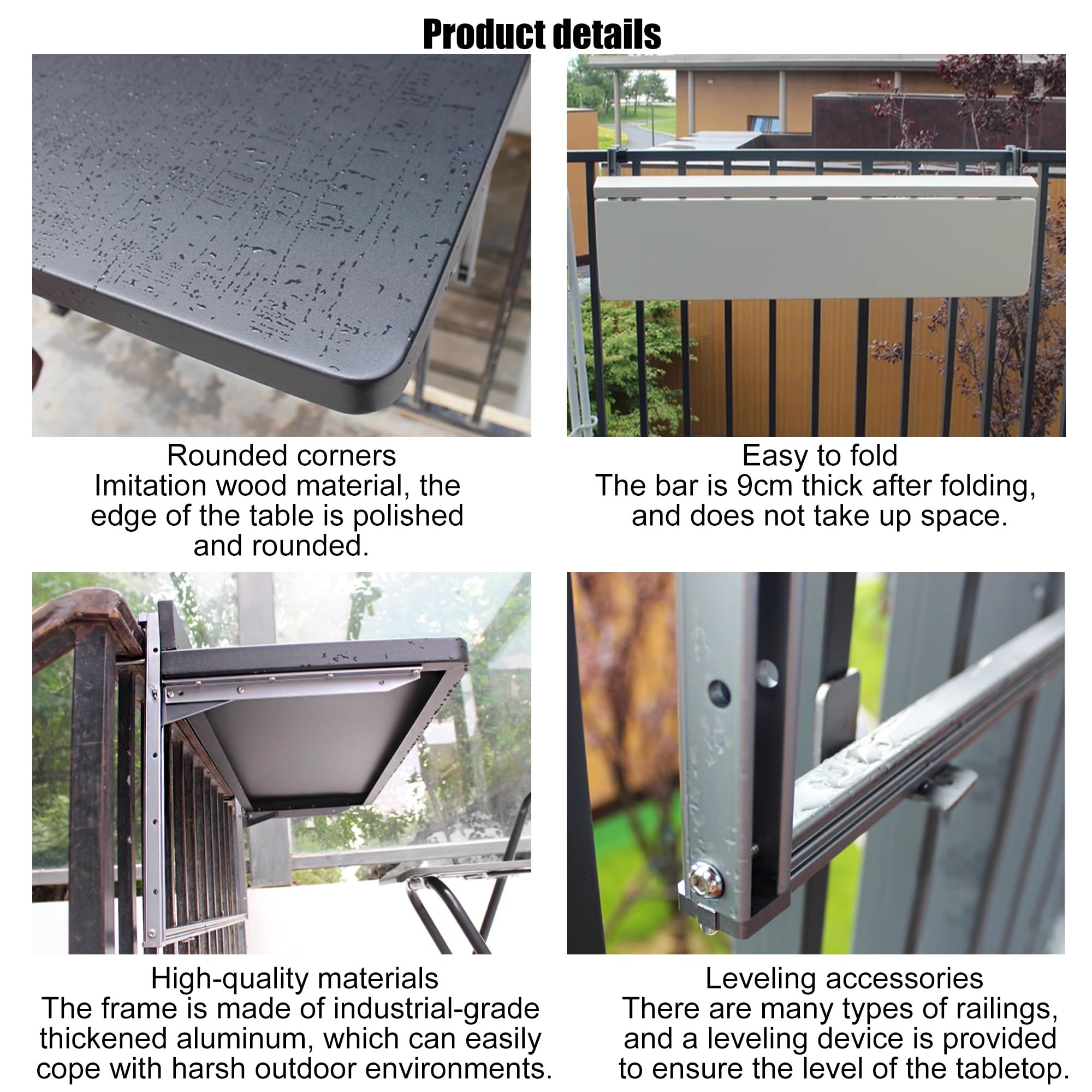Składany stół balkonowy, z regulacją wysokości, aluminiowy wiszący stół barowy do balustrady tarasowej, patio i ogrodu