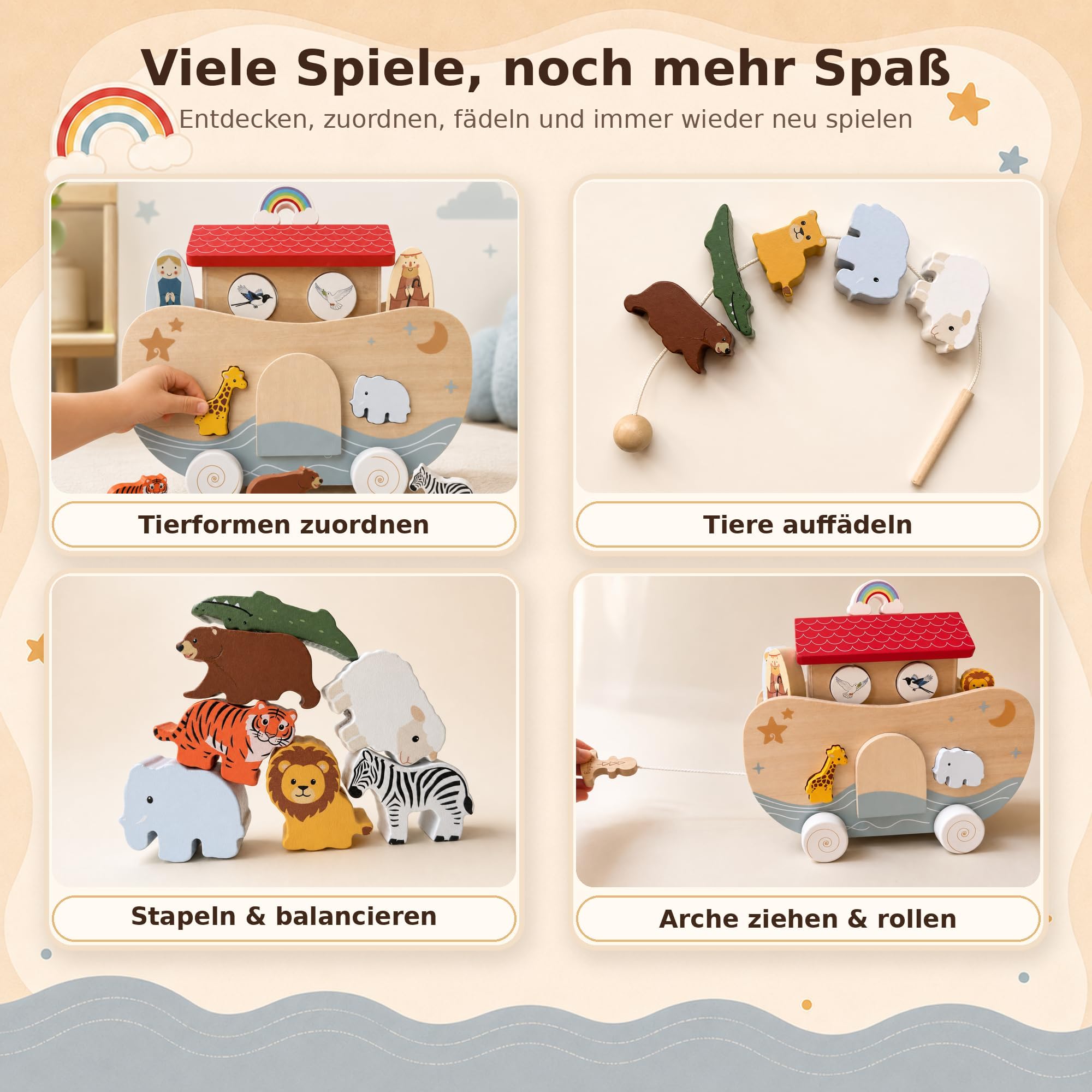 Arca di Noè in legno, giocattolo Montessori e regalo per battesimo | Adorabile regalo per battesimo: l'arca di Noè in legno con 10 coppie di animali, idee di gioco versatili e arcobaleno