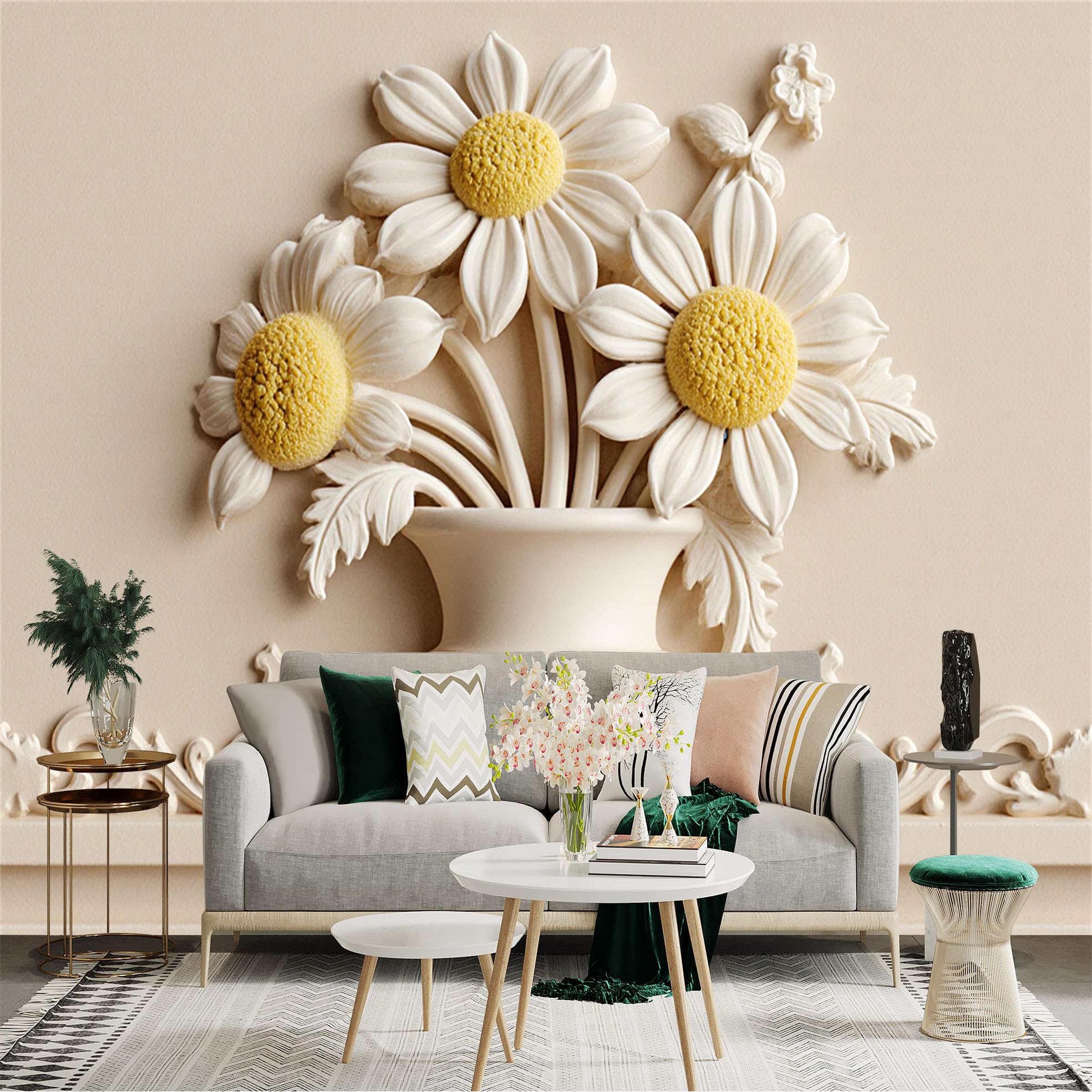 Custom Size Wall Sticker Mural， 3D White Daisy Flowers in Elegant Vase， Relief Style Floral Art， for wall Decoration， peelandstick wall Decals.