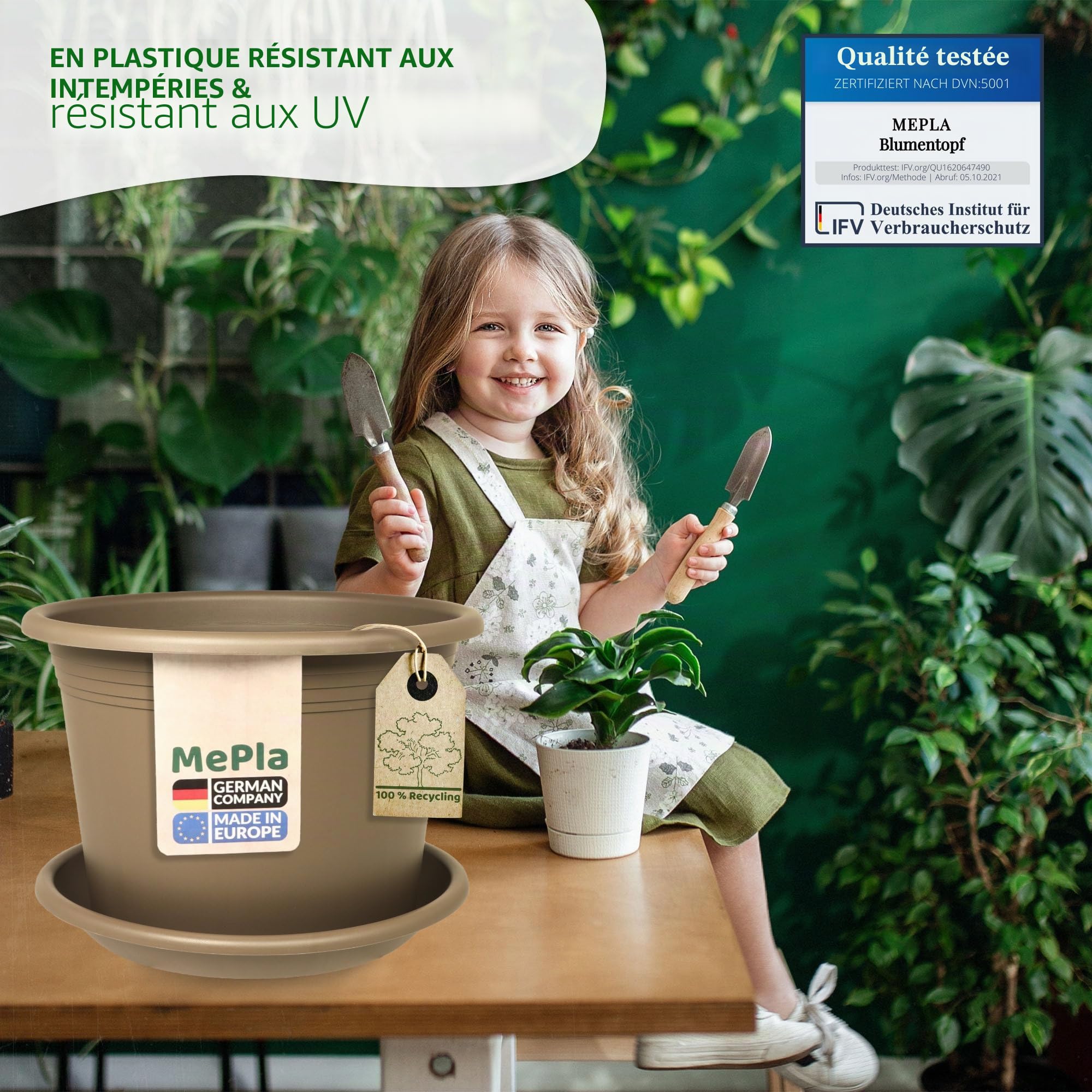 MePla - Pot de fleurs bac à plantes Cylindro ø60 cm + soucoupe ø58 cm, Taupe, résistant aux intempéries en plastique résistant aux UV