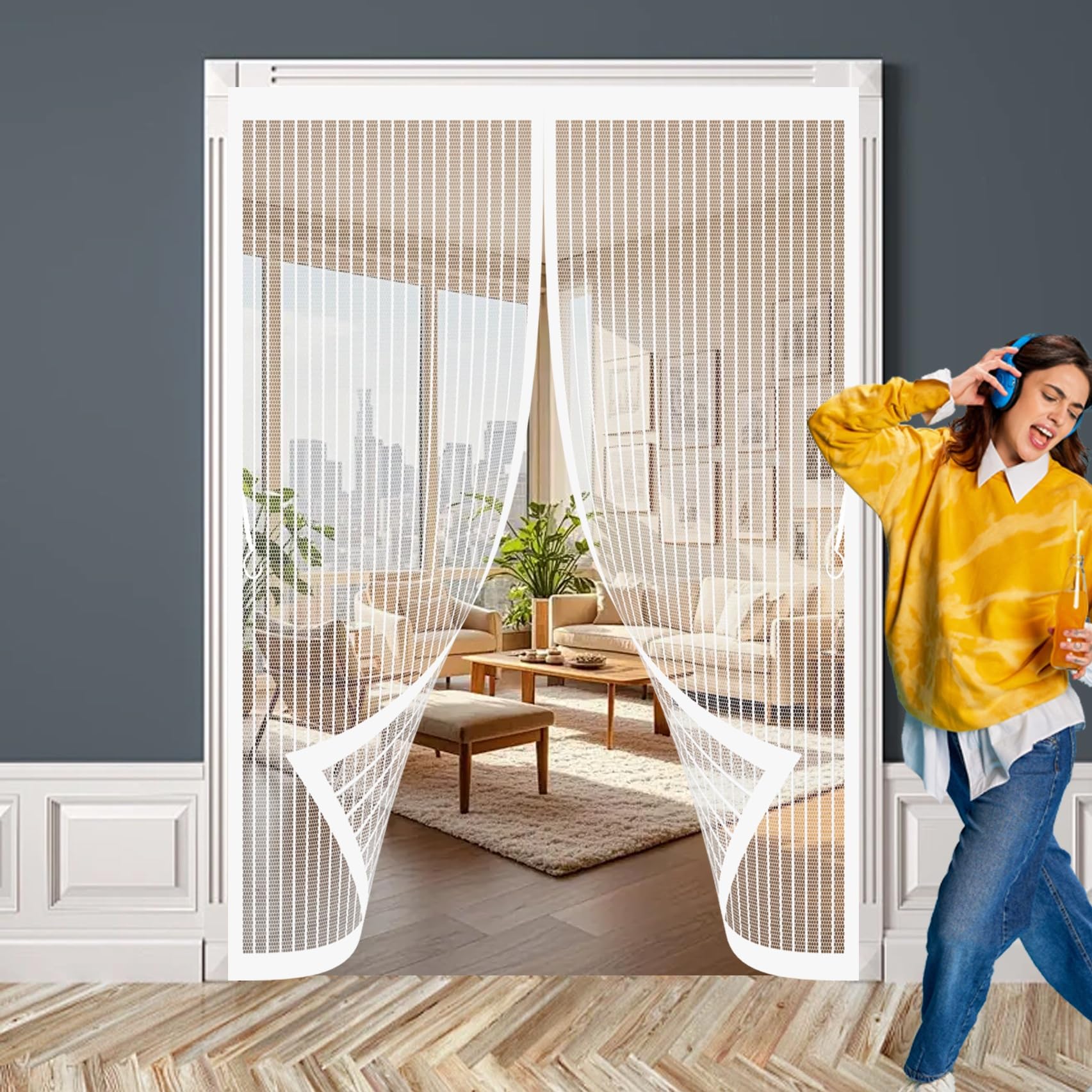 Xueqxue White Magnetic Fly Screen Door 145 X 216 Cm With Powerful Magnets & Full Frame Magic Tape, Keep Bugs Out & Lets Fresh Air In Screen Door Fly For Patio Doors Bedroom,