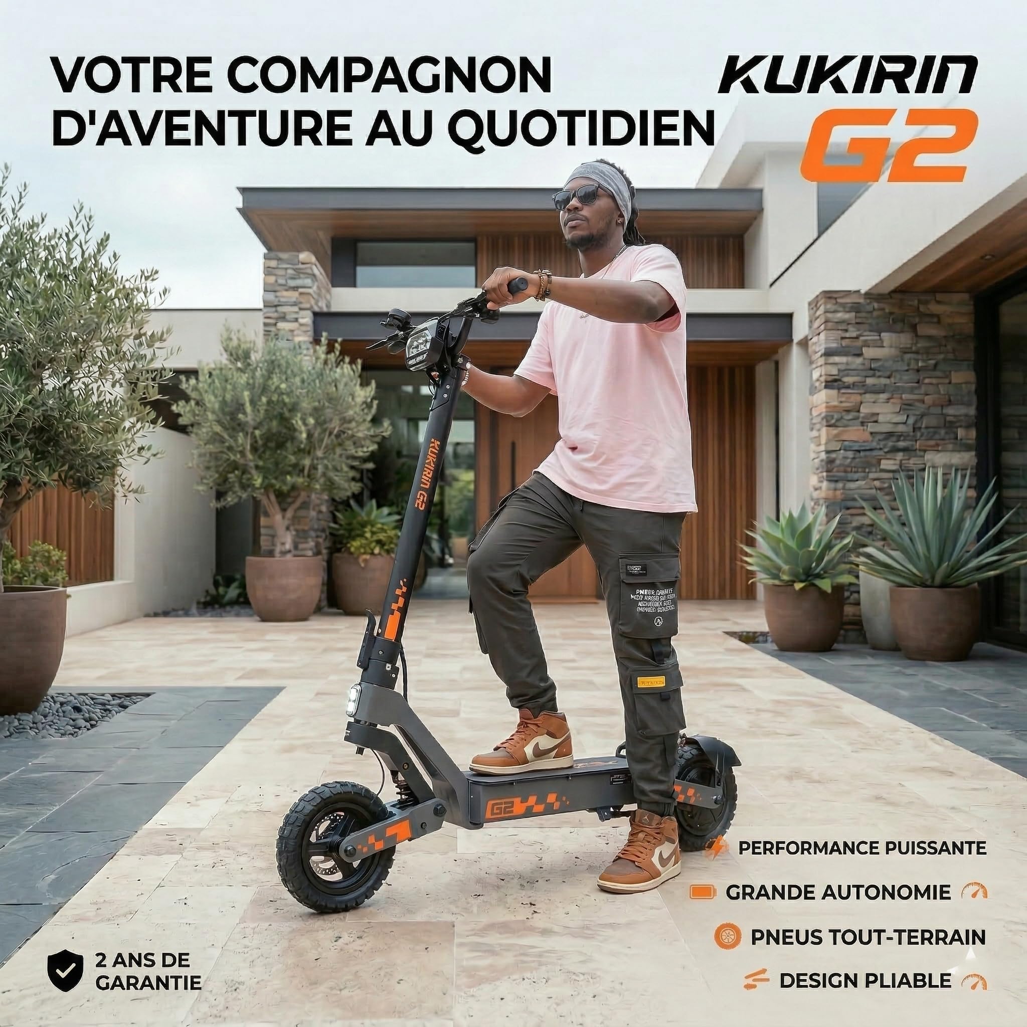 KuKirin Série G2 Trottinette Électrique Adulte Pliable, Pneus Tubeless, Suspension Avant et Arrière, Freinage à Double Disque, Autonomie Durable