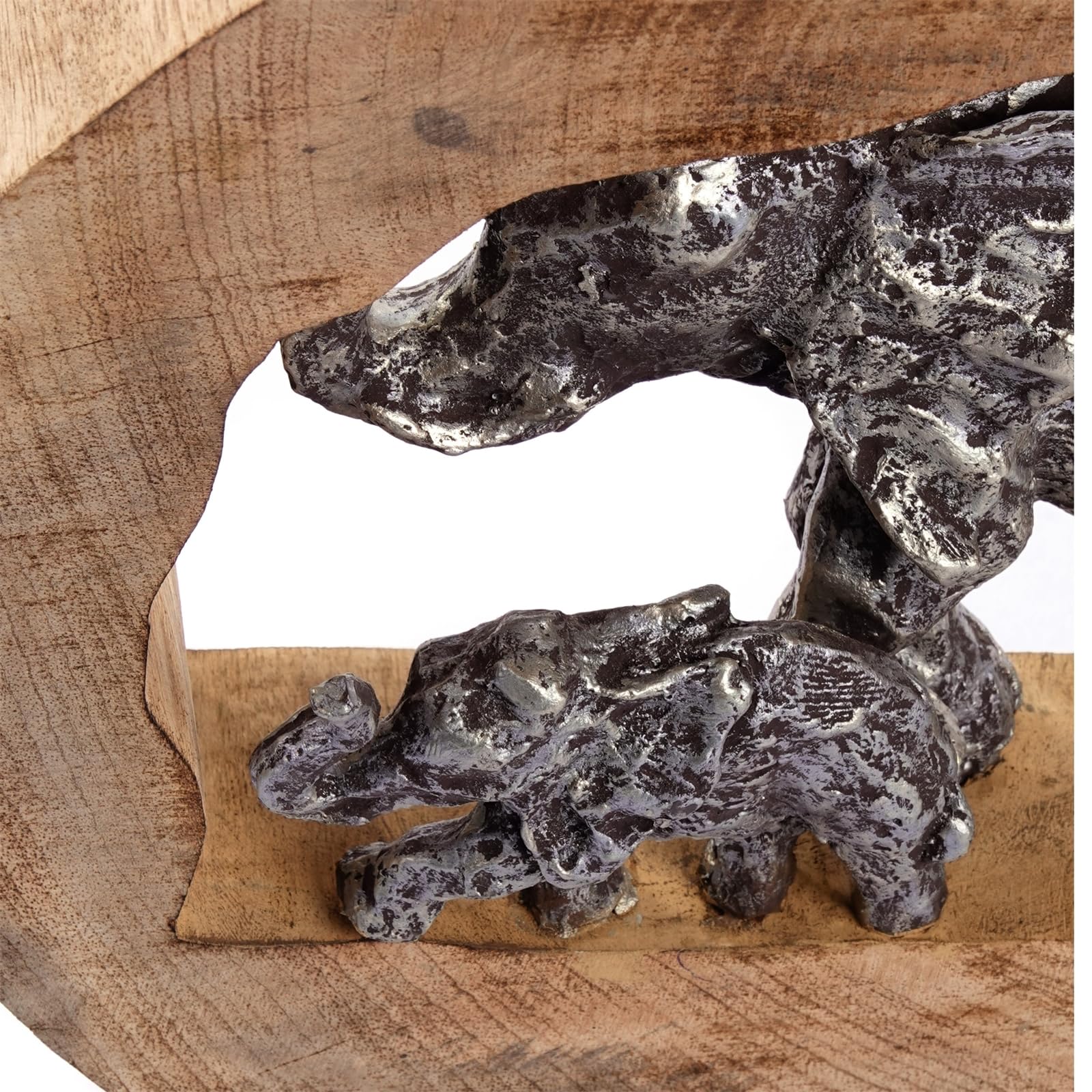 SKULPTUR Log Elephants | Mangoholz, 37cm, Silber | Elefanten Aufsteller, Dekofigur, Elefanen Familie Dekoobjekt, Holz Statue, Elefant auf Sockel